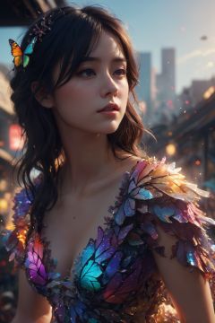  photorealistic, (in the style of Kawacy:1.1), glitch burning ice, (Zooey Deschanel:0.4), octane render, masterpiece scale, ultra wide field,ultra detailed CG perspective,ultra dynamic lighting amazing shadows,dramatic lighting,(by Agnes Cecile:0.9),(intricate details:1.1),(intricate details, hyperdetailed:1.3), Beautiful dynamic dramatic dark moody lighting, volumetric, shadows, cinematic atmosphere.CGArt Butterfly . BREAK, 
1girl\(rainbow girl\), textured skin,lighting and shadow on face, medium breasts,black hair,rainbow dress. BREAK,8K,professional,highly detailed,desaturated,35mm photograph, grainy,beautiful depth of field, vignette, vintage, Kodachrome, Lomography, stained, highly detailed