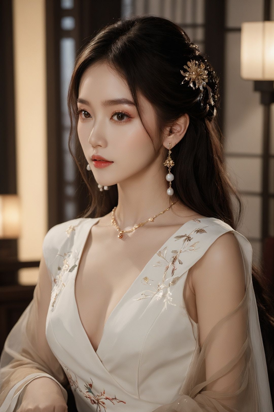  photographic of a girl, brown eyes, cleavage, hair ornament, jewelry, lips, long hair, makeup, upper_body, white chinese dress, earrings, facial mark, ultra realistic, movie light effect, . BREAK, 35mm photograph, grainy, professional, 8k, highly detailed, Hasselblad XCD 80mm F/1.9,hell