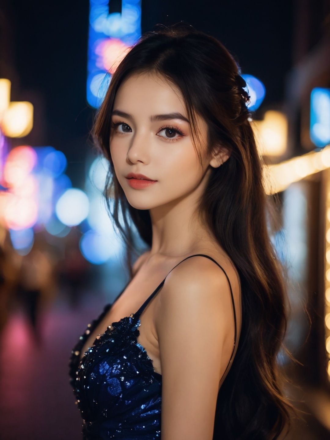  photographic of a girl,Exquisite Face,Dark Eye Shadow,Detailed Face,Detailed Eyes,Shiny Skin,long hair,full body,dress,Perfect face,In a night of bright lights, BREAK, 35mm photograph, grainy, professional, 8k, highly detailed, Leica M50 F/1.9