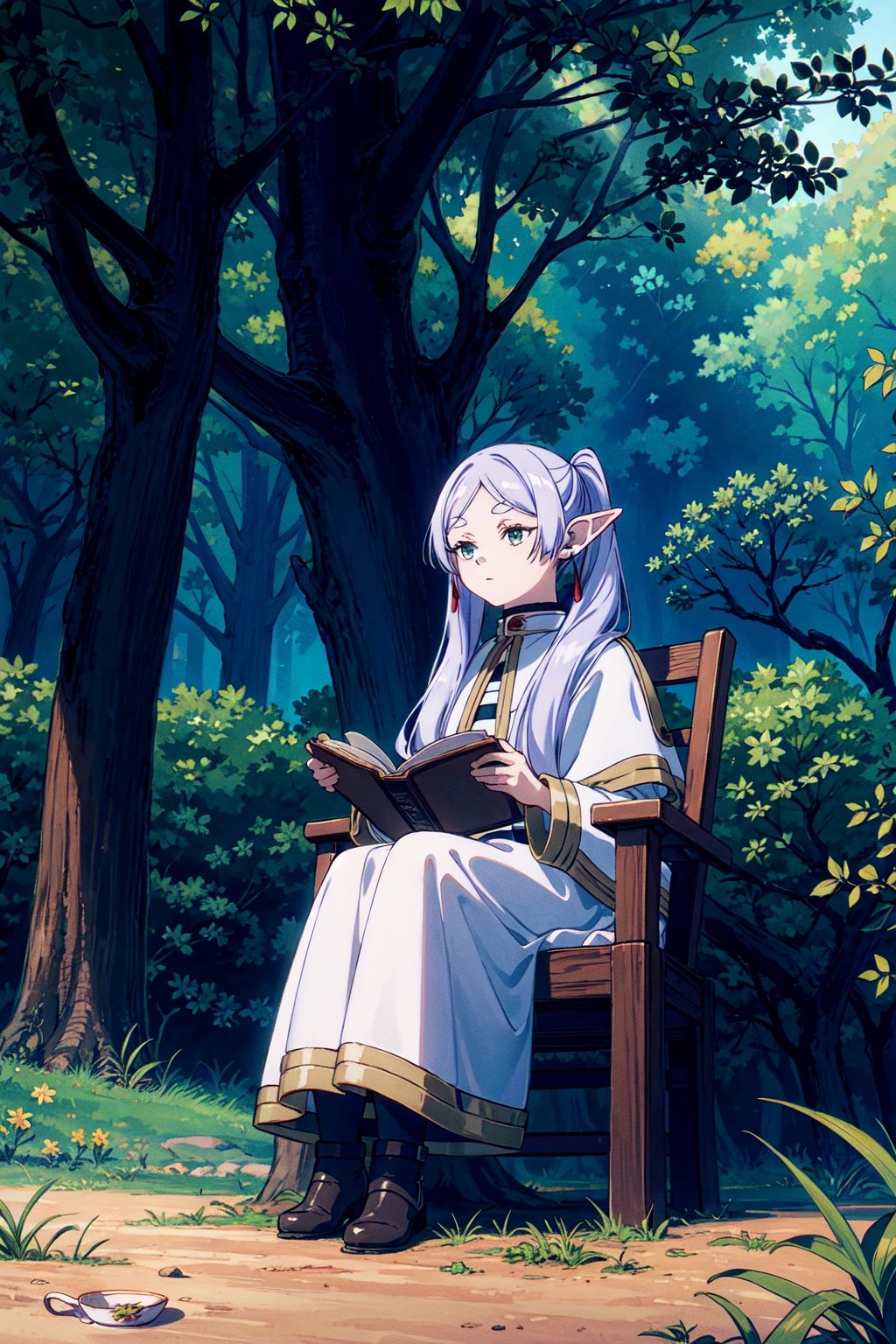 Frieren at the Funeral,Goblin ear,1 girl,knowledge of patchouli,solo,white hair,long hair,cup,hat,new moon,tea cup,book,sitting,ribbon,reading,cloak,chair,tea,anime coloring,hair bow,tree ribbon,<lora:送葬的芙莉达:1>,