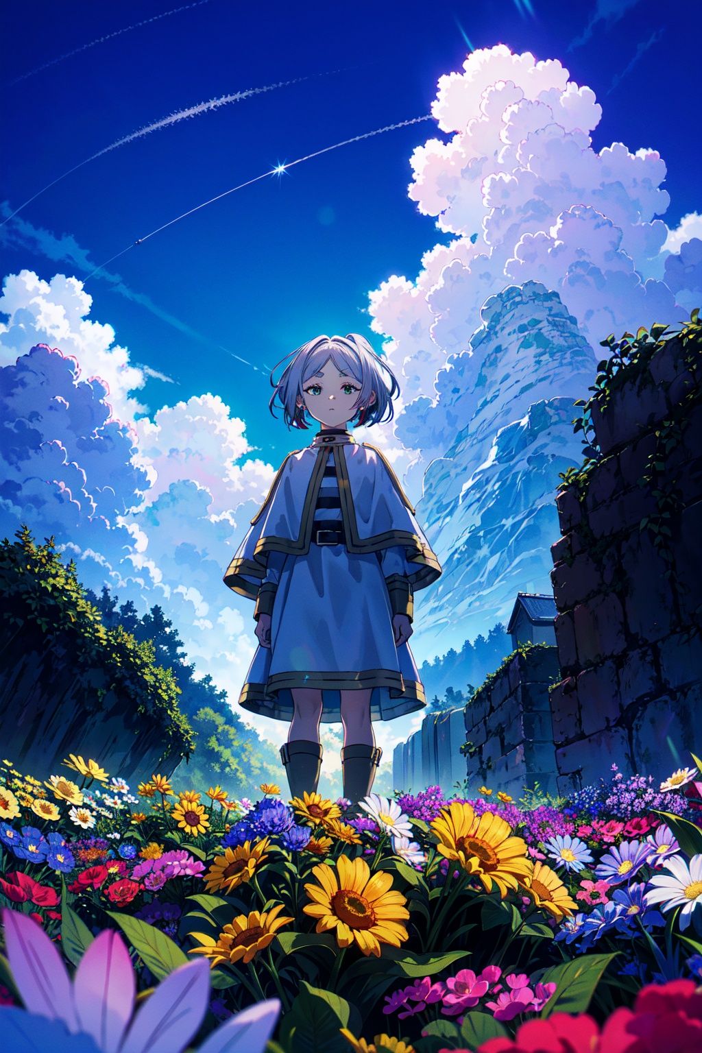 Frieren at the Funeral,Goblin ear,(1girl:1.5),Goblin ear,grey hair,(Flower in the Distance: A Very Beautiful Girl, Flower),(Dual Exposure:1.3),Surrealistic Dreams,Dynamic,Lut,HDR,Bright Scene,Sky,<lora:送葬的芙莉达:1>,