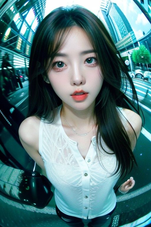  portrait of a girl in street, white shirt, brown hair, fish_eye