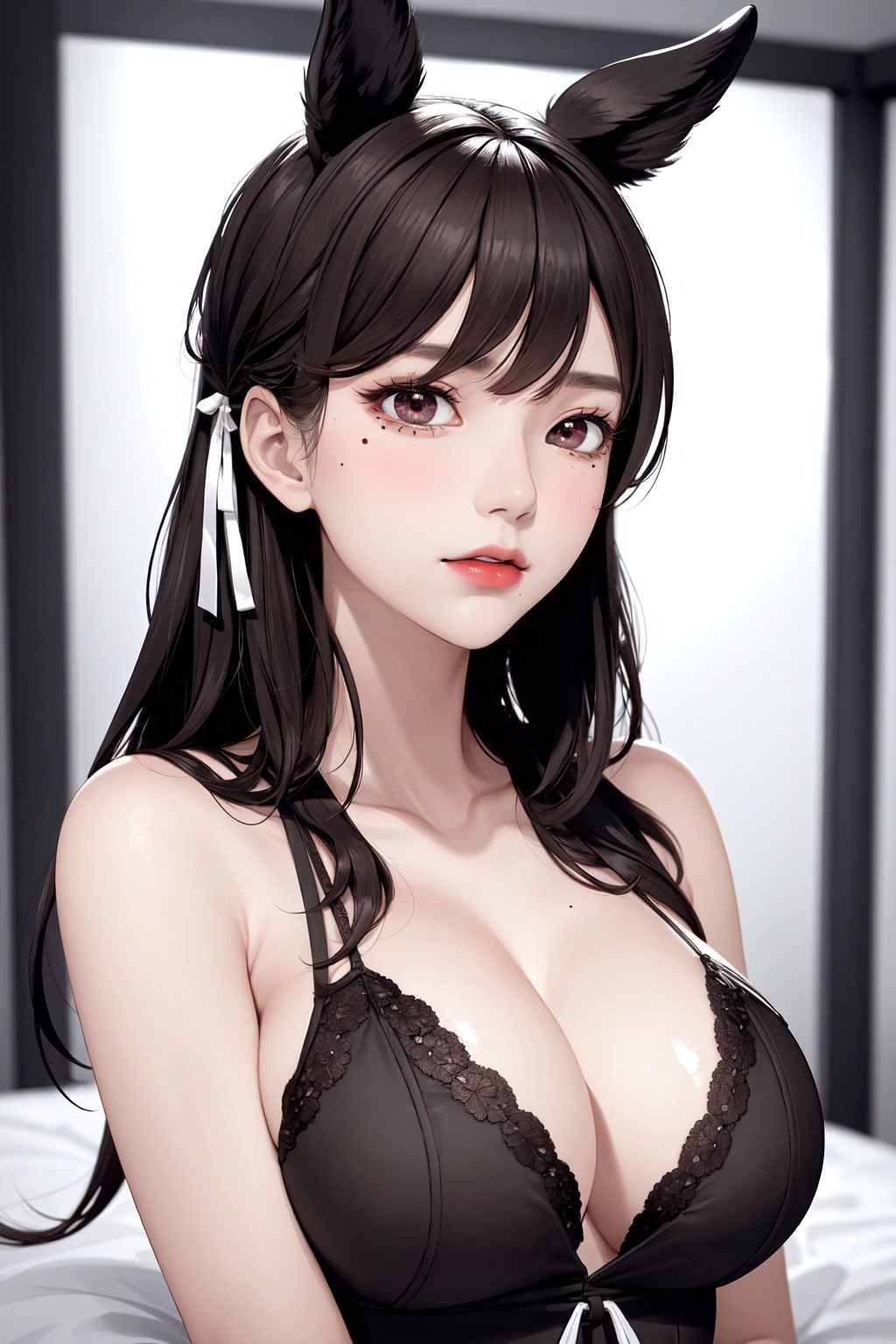 Realistic style,  film-grade works,  8K wallpapers,  masterpieces,  depth of field,  edge lighting,  volume lighting,  two-tone lighting,  very realistic quality,  the material lighting surface has bright spots and highlights,  and the highlights flash and have a mirror effect when reflecting, , , 1 girl,  mature female,  solo,  full body,  looking at viewer,  lace, strong rim light, , ,  simple background,  grey background, , colorful, (detailed skin: 1.3,  detailed face: 1.3), clear focus, delicate, (mature women: 1.2), (glossy skin+glossy skin: 1.4), (sweating: 1.1), (big_eyes), red_ eyeshadow, long_ Eyelashes,  red lips, , , ((aidang),  animal ears,  breasts,  long hair,  large breasts,  black hair,  mole under eye,  bangs, brown eyes,  hair ribbon,  swept bangs,  blush, :1.2), <lora:EMS-59941-EMS:0.450000>