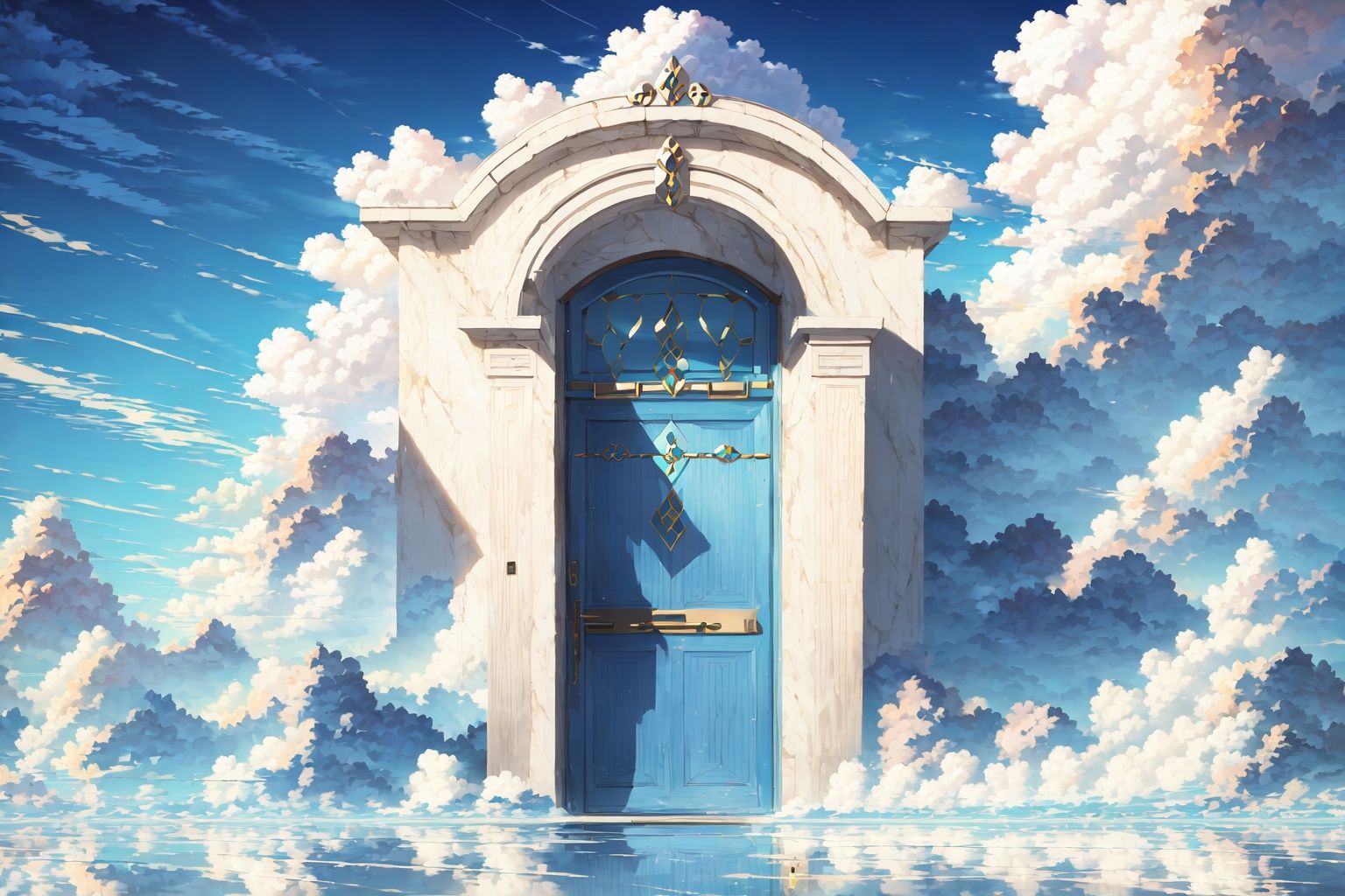  Best quality,doorAbove the clouds, in the sky, dense white clouds, blue sky,Above the clouds, above the doors on the clouds,