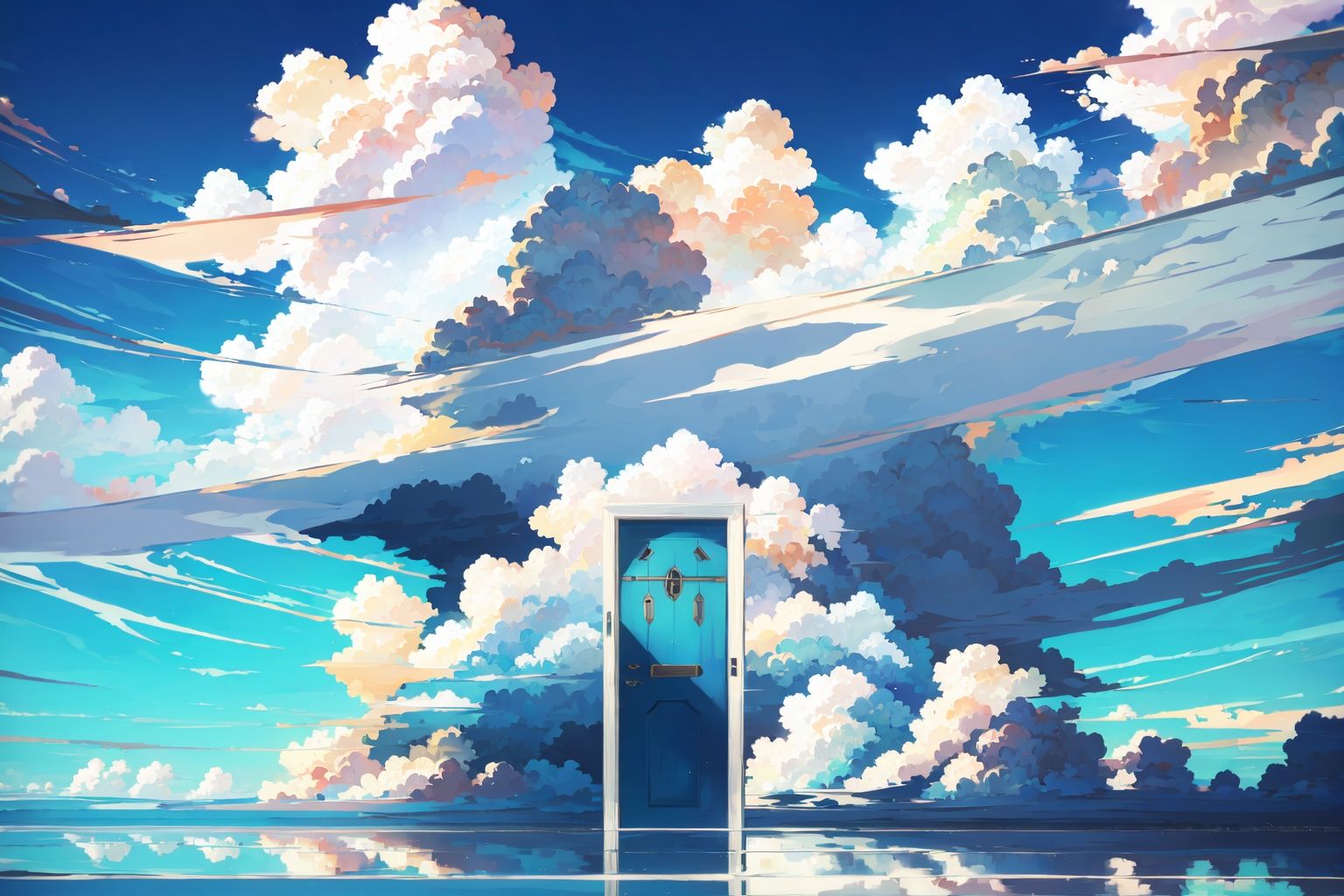  Best quality,doorAbove the clouds, in the sky, dense white clouds, blue sky
