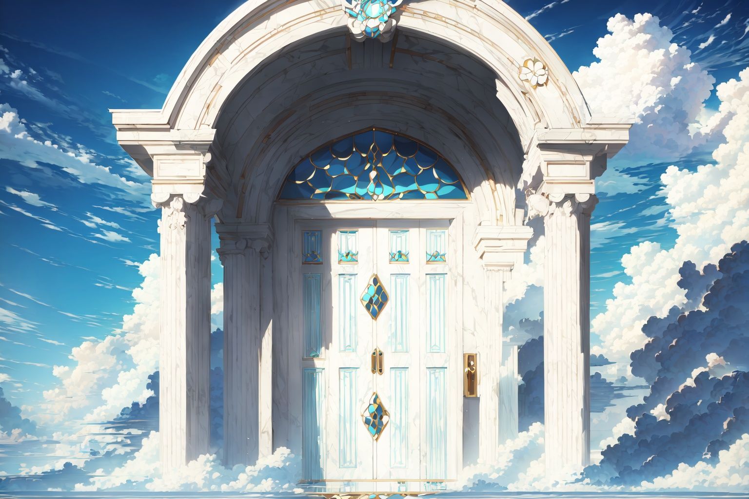  Best quality,doorAbove the clouds, in the sky, dense white clouds, blue sky,Above the clouds, above the doors on the clouds,White marble columns