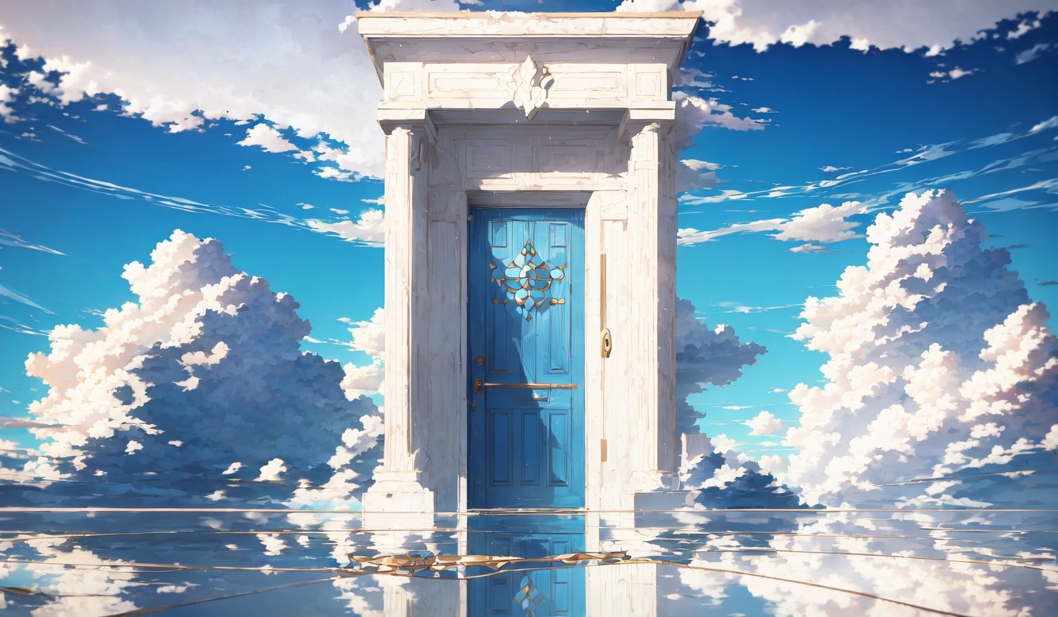 Best quality,doorAbove the clouds, in the sky, dense white clouds, blue sky,Above the clouds, above the doors on the clouds,White marble columns