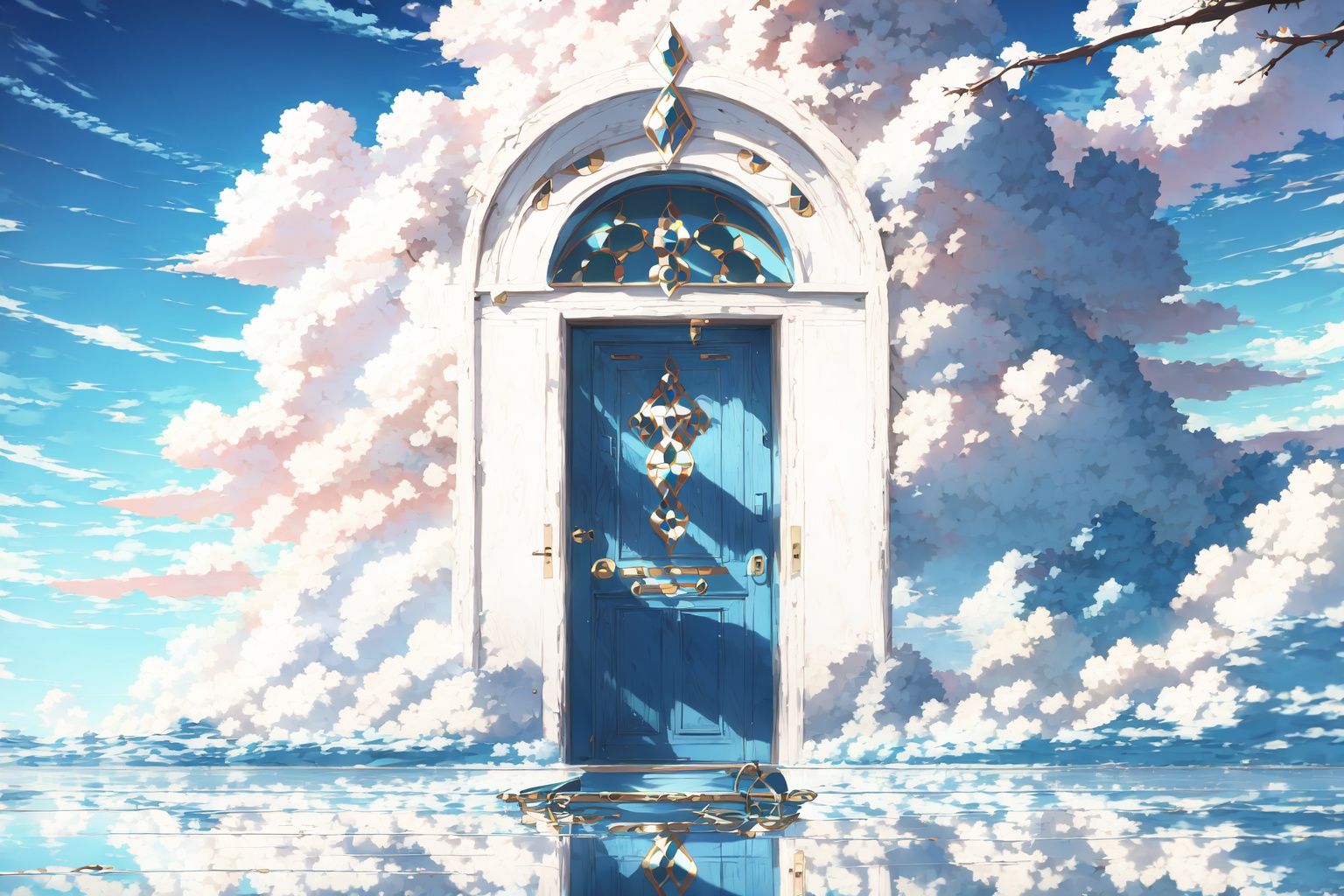  Best quality,doorAbove the clouds, in the sky, dense white clouds, blue sky,Above the clouds, above the doors on the clouds,