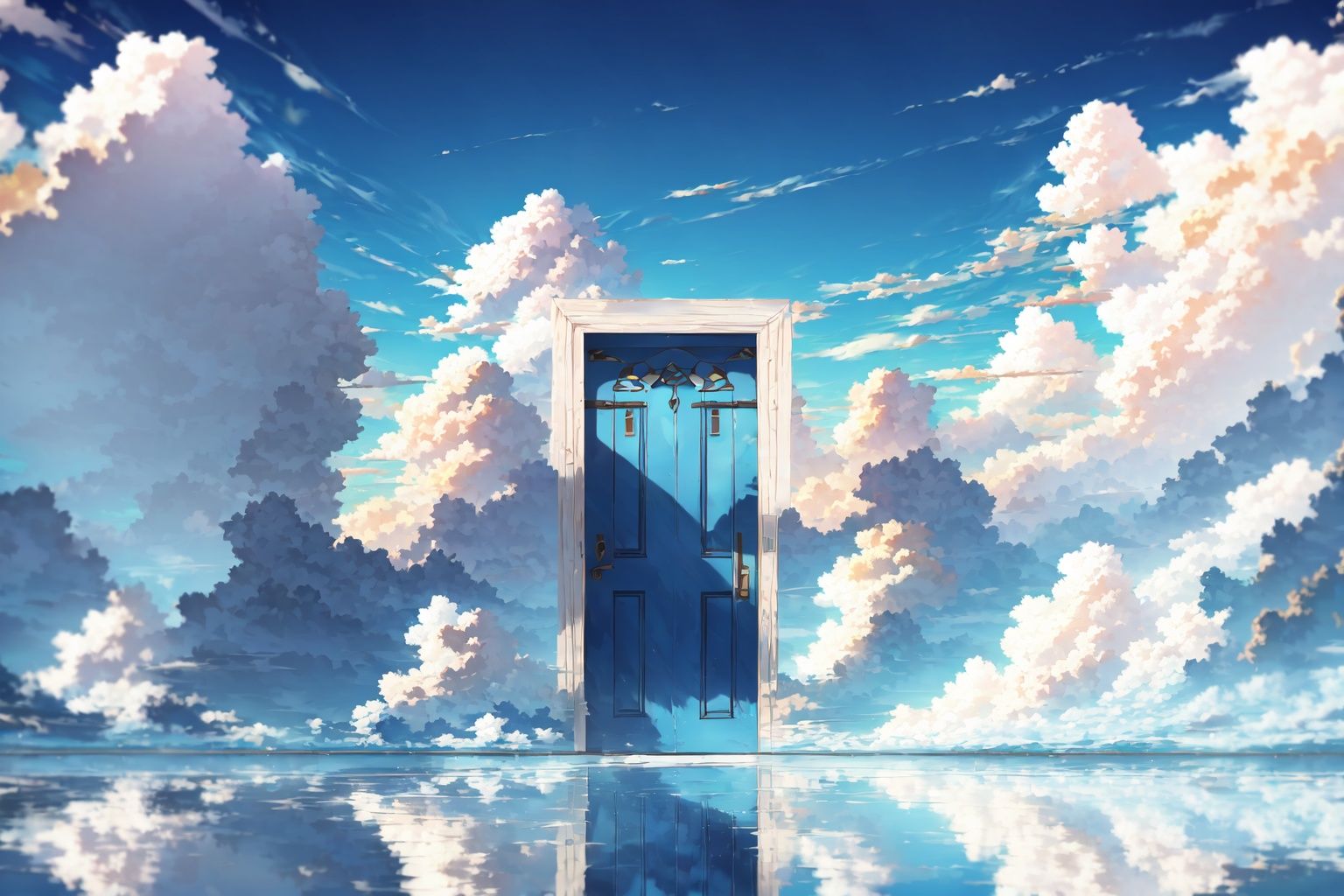  Best quality,doorAbove the clouds, in the sky, dense white clouds, blue sky,Above the clouds, above the doors on the clouds,