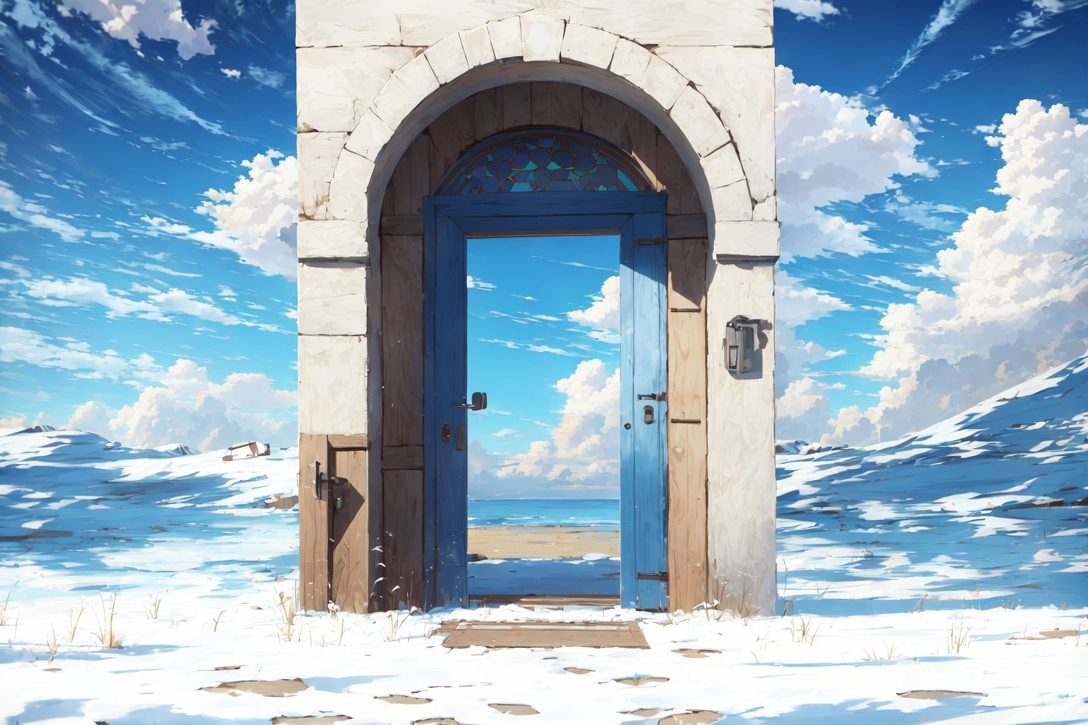  Best quality,doorAbove the clouds, in the sky, dense white clouds, blue sky