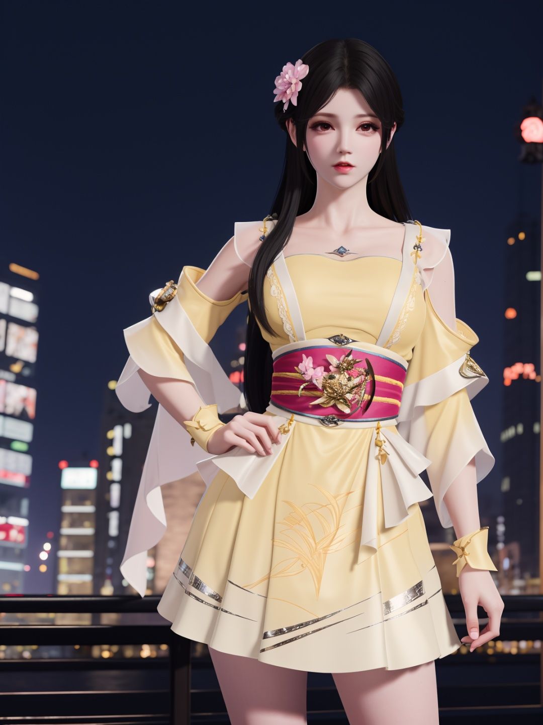 YJWJyingzipingRYLSyellow, 1girl, solo, long hair, dress,hair flower, sash,black hair,obi,<lora:YJWJyingzipingRYLSyellow:0.75>,cityscape, night,looking at viewer, mature female, hand on hip, 