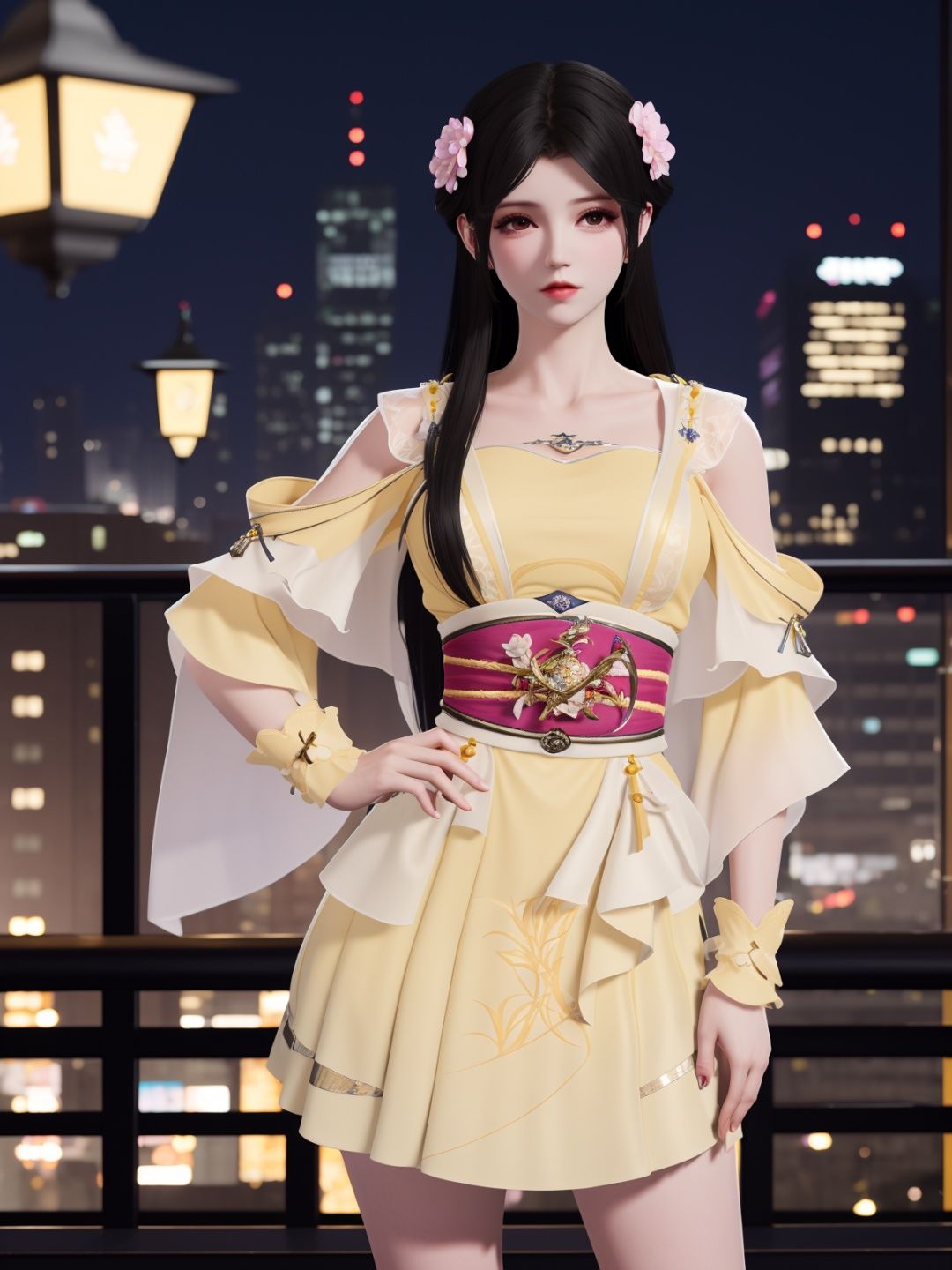 YJWJyingzipingRYLSyellow, 1girl, solo, long hair, dress,hair flower, sash,black hair,obi,<lora:YJWJyingzipingRYLSyellow:0.75>,cityscape, night,looking at viewer, mature female, hand on hip, 