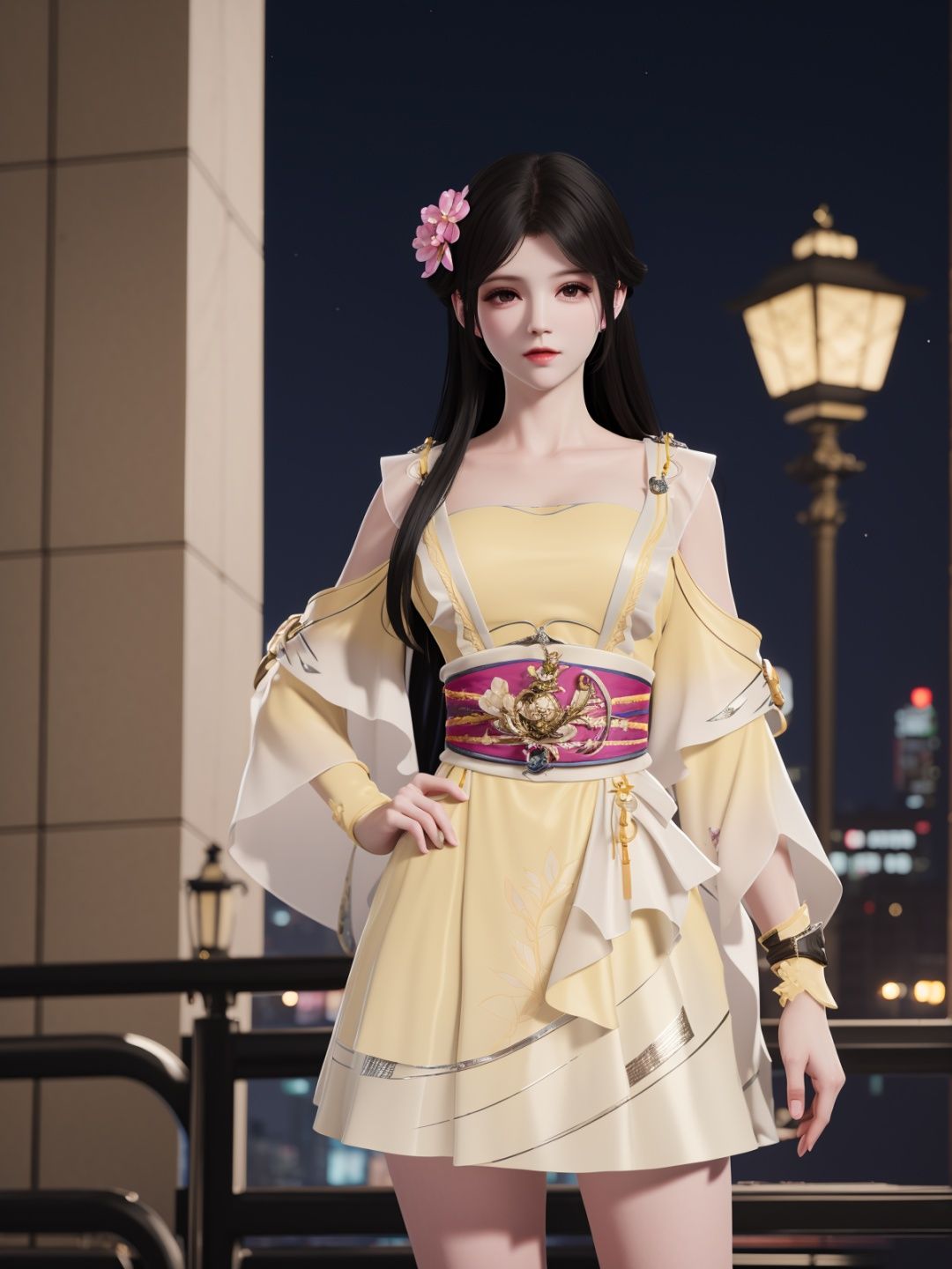 YJWJyingzipingRYLSyellow, 1girl, solo, long hair, dress,hair flower, sash,black hair,obi,<lora:YJWJyingzipingRYLSyellow:0.75>,cityscape, night,looking at viewer, mature female, hand on hip, 