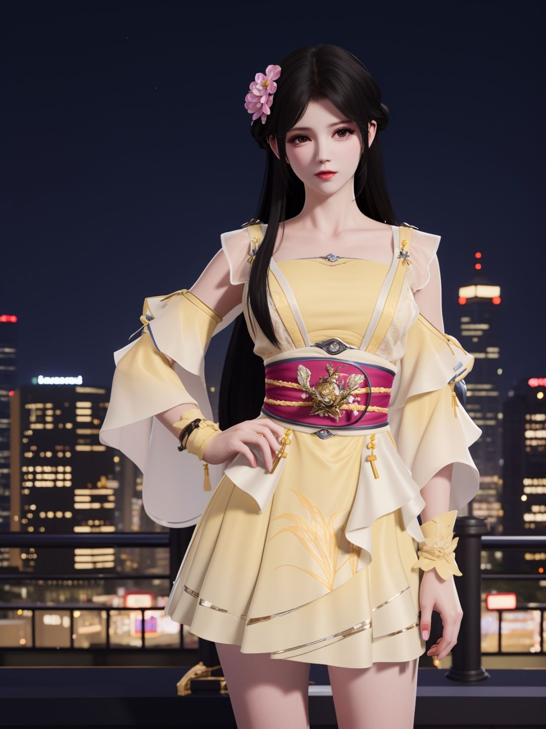YJWJyingzipingRYLSyellow, 1girl, solo, long hair, dress,hair flower, sash,black hair,obi,<lora:YJWJyingzipingRYLSyellow:0.75>,cityscape, night,looking at viewer, mature female, hand on hip, 