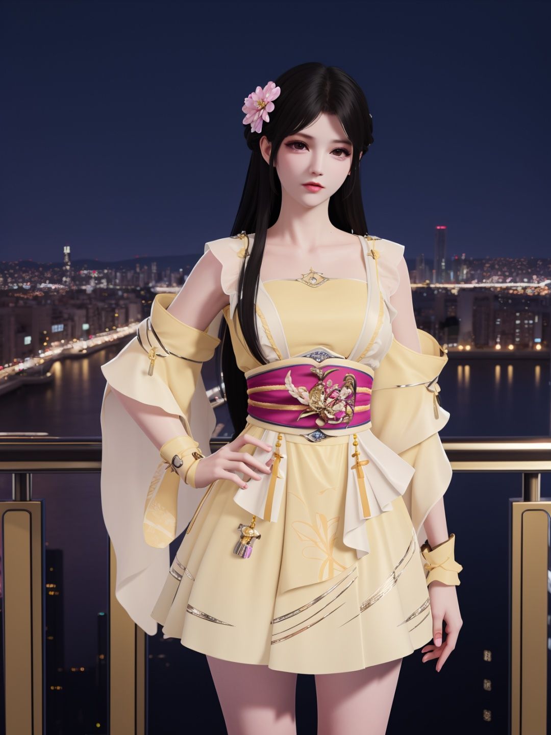 YJWJyingzipingRYLSyellow, 1girl, solo, long hair, dress,hair flower, sash,black hair,obi,<lora:YJWJyingzipingRYLSyellow:0.75>,cityscape, night,looking at viewer, mature female, hand on hip, 