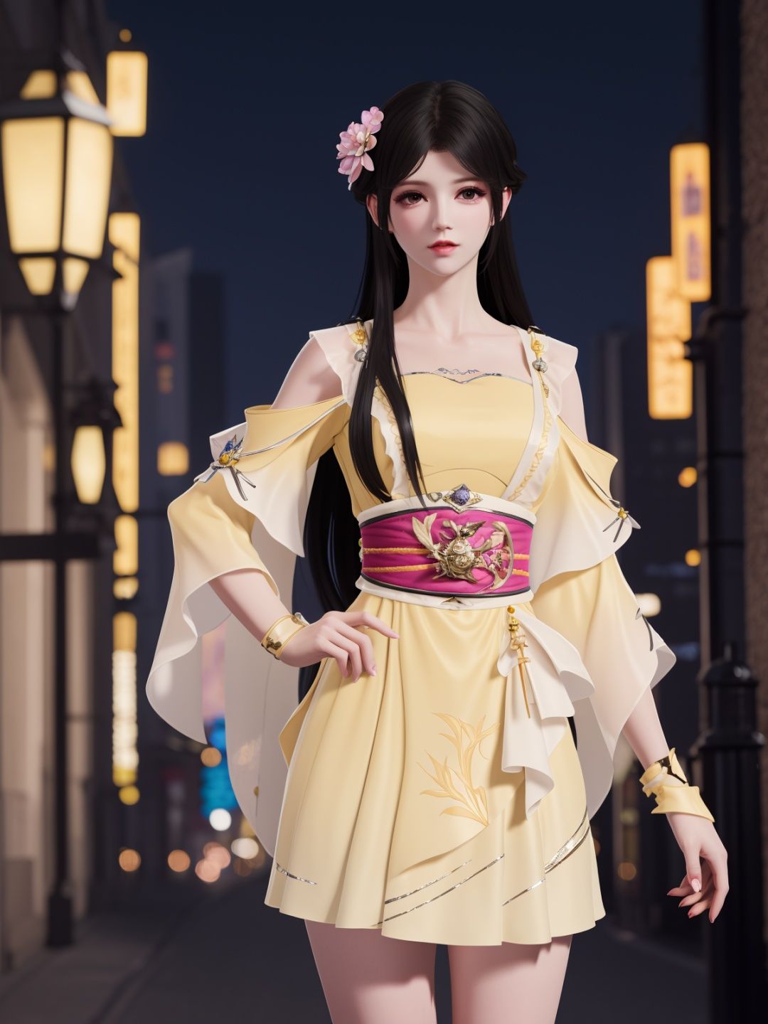 YJWJyingzipingRYLSyellow, 1girl, solo, long hair, dress,hair flower, sash,black hair,obi,<lora:YJWJyingzipingRYLSyellow:0.75>,cityscape, night,looking at viewer, mature female, hand on hip, 