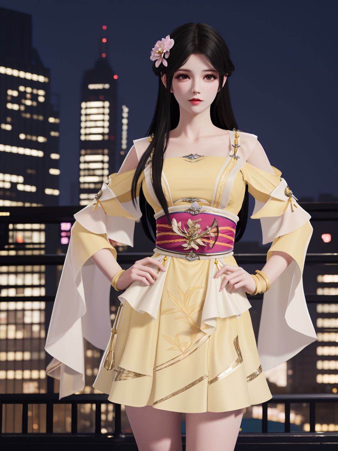 YJWJyingzipingRYLSyellow, 1girl, solo, long hair, dress,hair flower, sash,black hair,obi,<lora:YJWJyingzipingRYLSyellow:0.75>,cityscape, night,looking at viewer, mature female, hand on hip, 