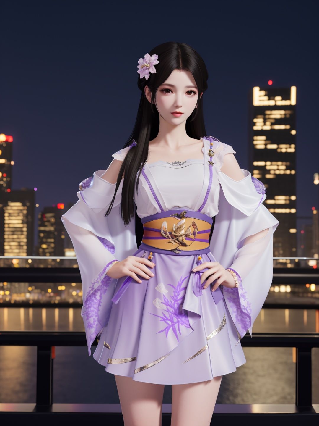 YJWJyingzipingRYLSpurple,1girl,solo,long hair,sash,hair flower,black hair,obi,<lora:YJWJyingzipingRYLSpurple:0.75>,cityscape,night,looking at viewer,mature female,hand on hip, 