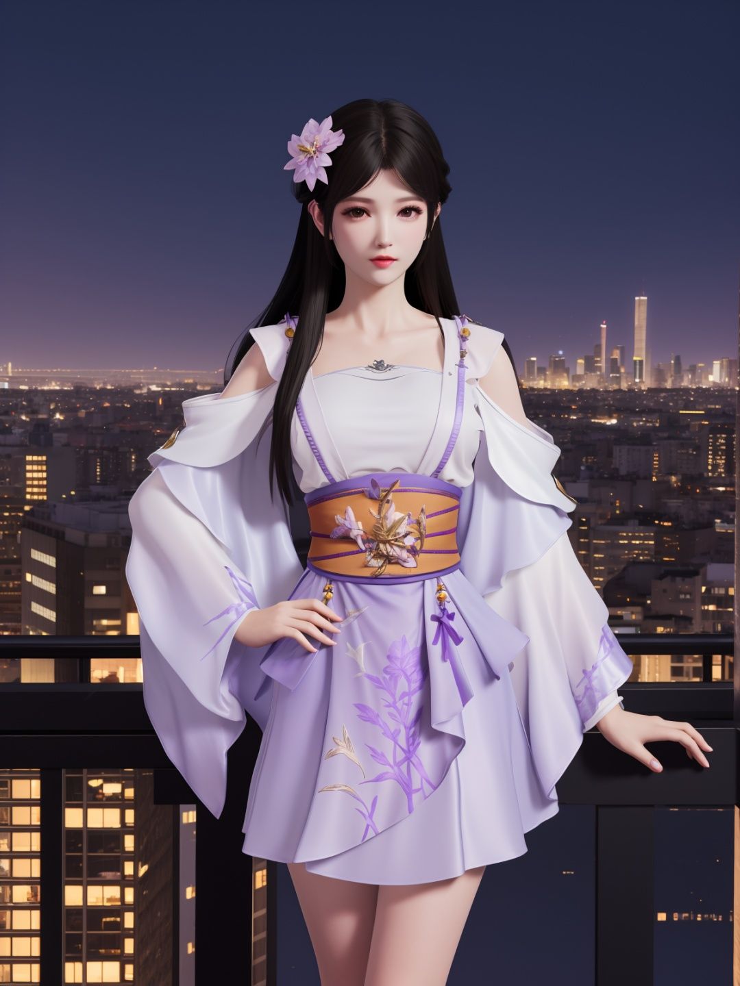 YJWJyingzipingRYLSpurple,1girl,solo,long hair,sash,hair flower,black hair,obi,<lora:YJWJyingzipingRYLSpurple:0.75>,cityscape,night,looking at viewer,mature female,hand on hip, 