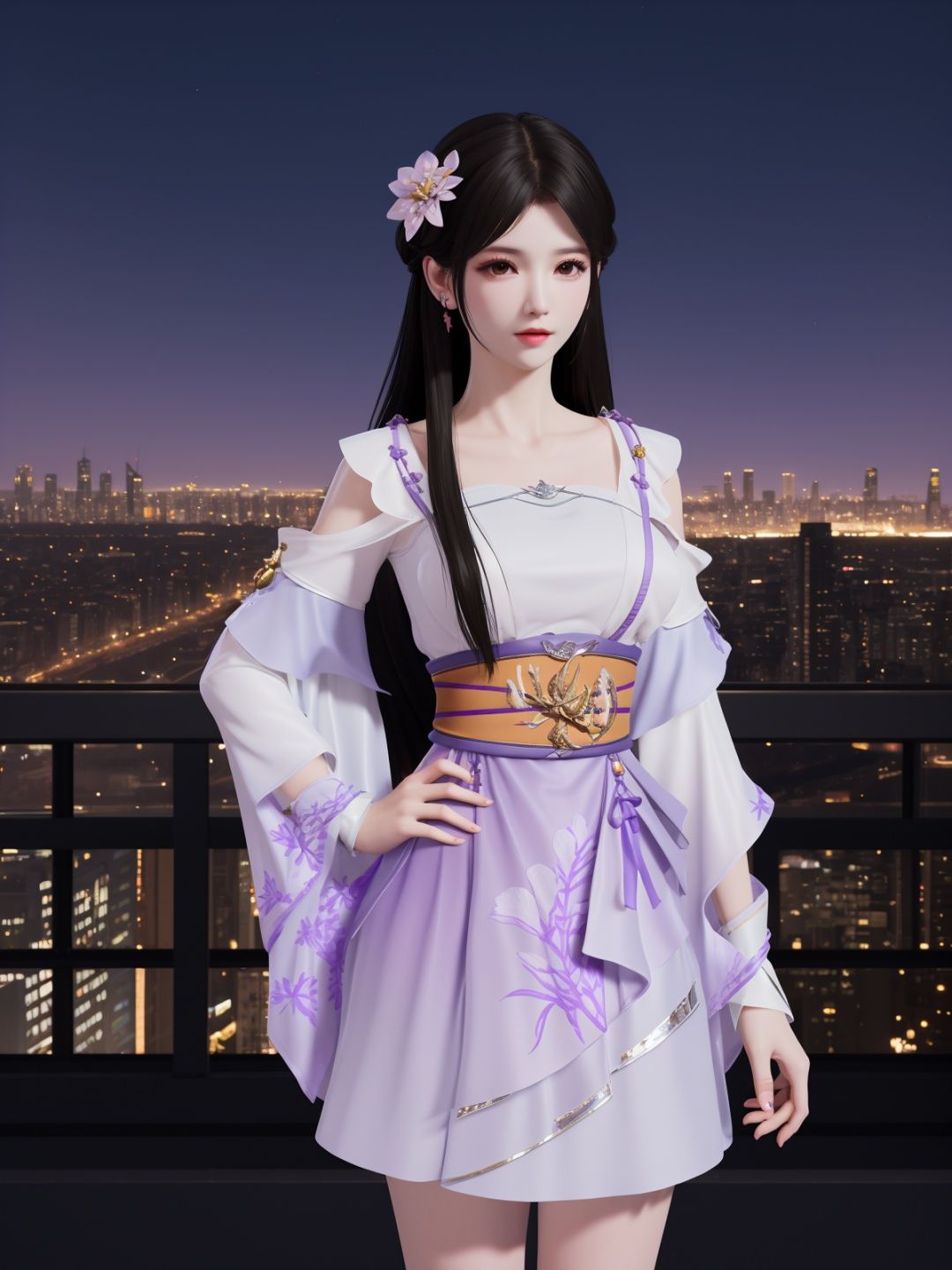 YJWJyingzipingRYLSpurple,1girl,solo,long hair,sash,hair flower,black hair,obi,<lora:YJWJyingzipingRYLSpurple:0.75>,cityscape,night,looking at viewer,mature female,hand on hip, 