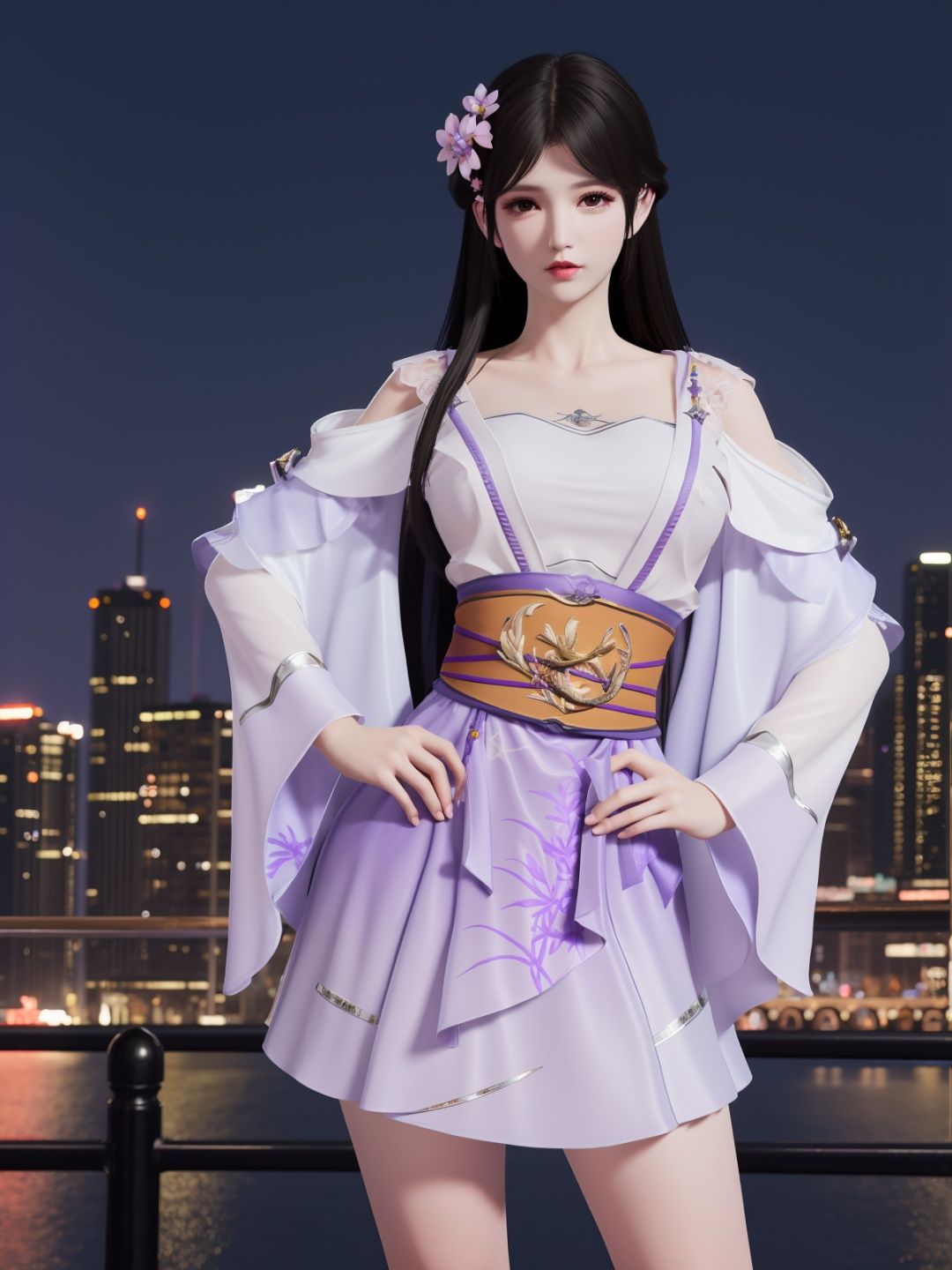 YJWJyingzipingRYLSpurple,1girl,solo,long hair,sash,hair flower,black hair,obi,<lora:YJWJyingzipingRYLSpurple:0.75>,cityscape,night,looking at viewer,mature female,hand on hip, 