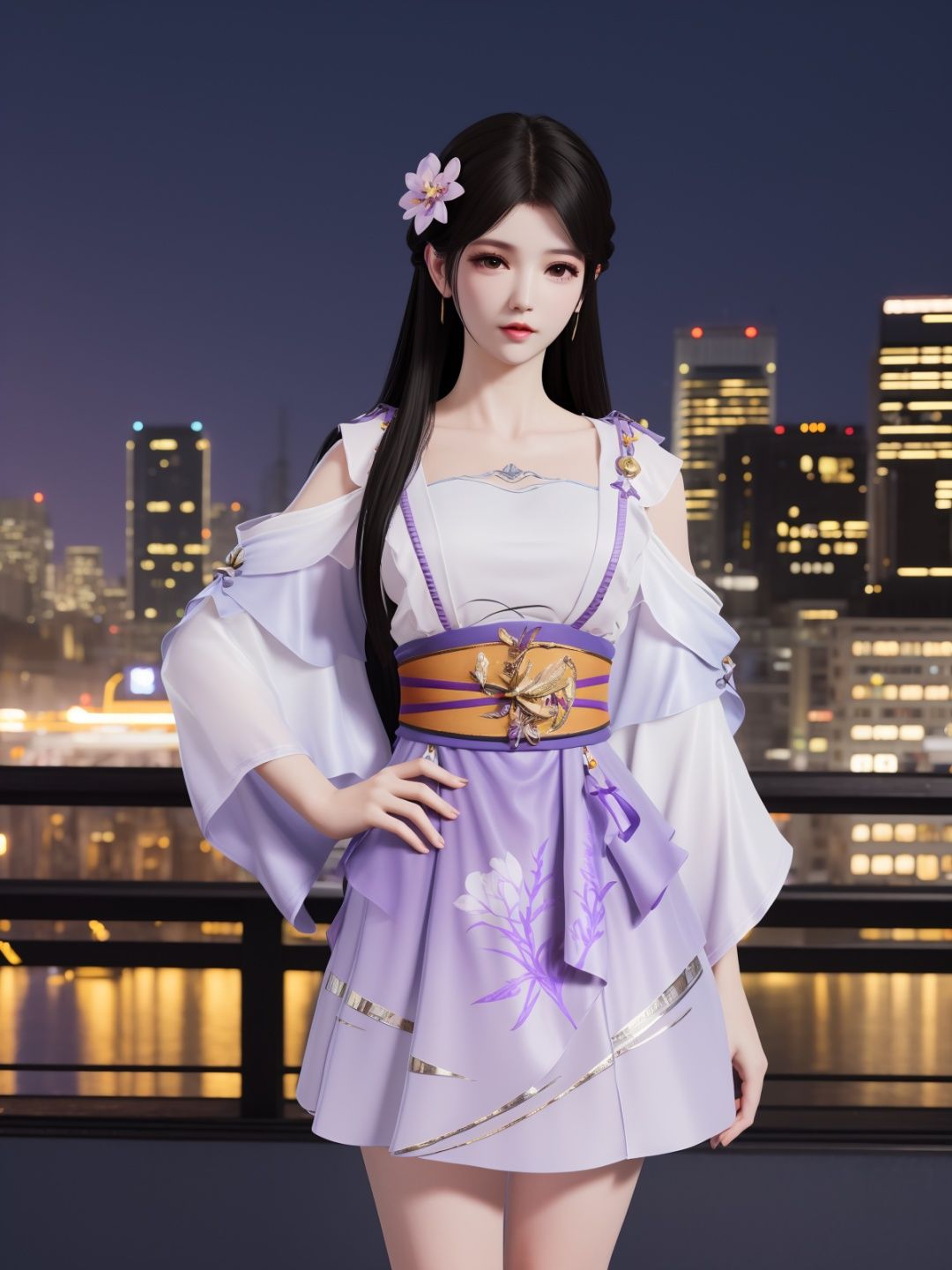 YJWJyingzipingRYLSpurple,1girl,solo,long hair,sash,hair flower,black hair,obi,<lora:YJWJyingzipingRYLSpurple:0.75>,cityscape,night,looking at viewer,mature female,hand on hip, 
