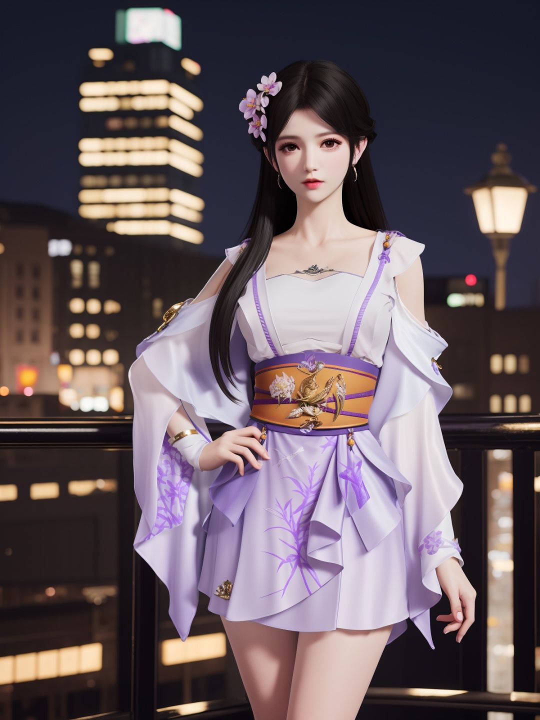 YJWJyingzipingRYLSpurple,1girl,solo,long hair,sash,hair flower,black hair,obi,<lora:YJWJyingzipingRYLSpurple:0.75>,cityscape,night,looking at viewer,mature female,hand on hip, 