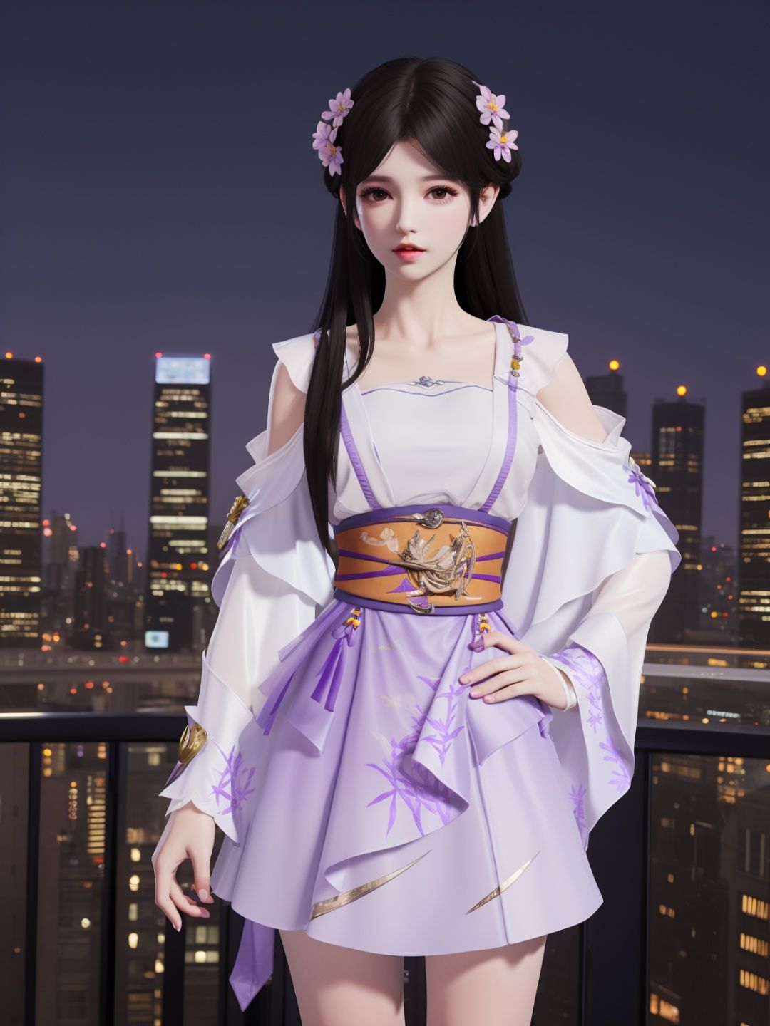 YJWJyingzipingRYLSpurple,1girl,solo,long hair,sash,hair flower,black hair,obi,<lora:YJWJyingzipingRYLSpurple:0.75>,cityscape,night,looking at viewer,mature female,hand on hip, 