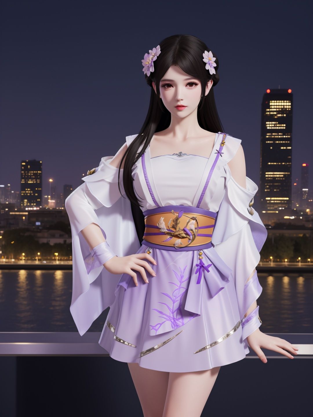 YJWJyingzipingRYLSpurple,1girl,solo,long hair,sash,hair flower,black hair,obi,<lora:YJWJyingzipingRYLSpurple:0.75>,cityscape,night,looking at viewer,mature female,hand on hip, 