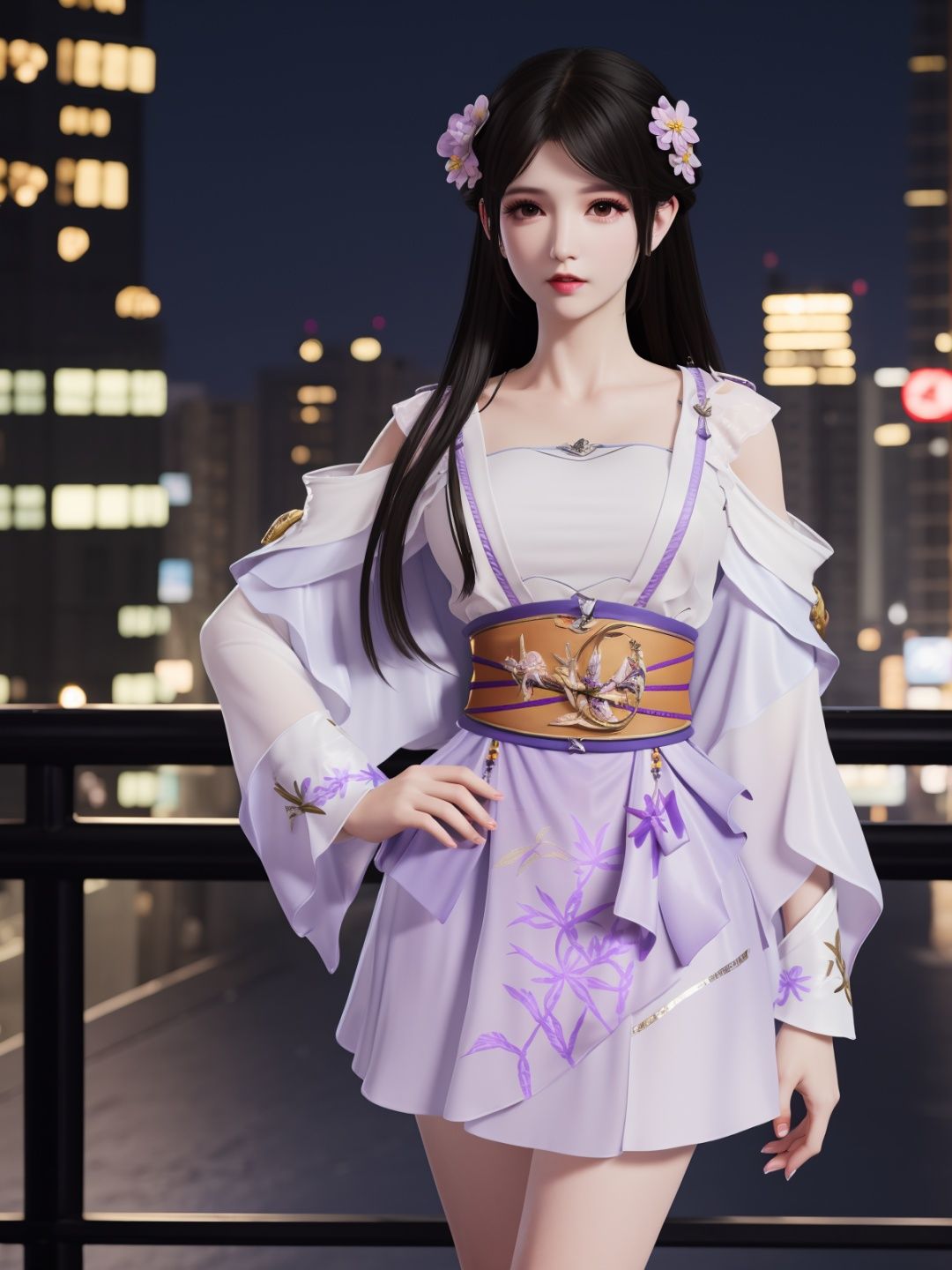 YJWJyingzipingRYLSpurple,1girl,solo,long hair,sash,hair flower,black hair,obi,<lora:YJWJyingzipingRYLSpurple:0.75>,cityscape,night,looking at viewer,mature female,hand on hip, 
