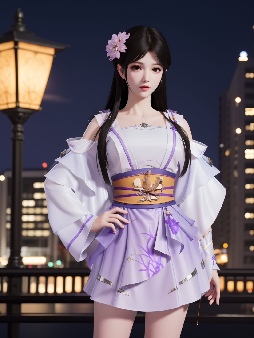 YJWJyingzipingRYLSpurple,1girl,solo,long hair,sash,hair flower,black hair,obi,<lora:YJWJyingzipingRYLSpurple:0.75>,cityscape,night,looking at viewer,mature female,hand on hip, 