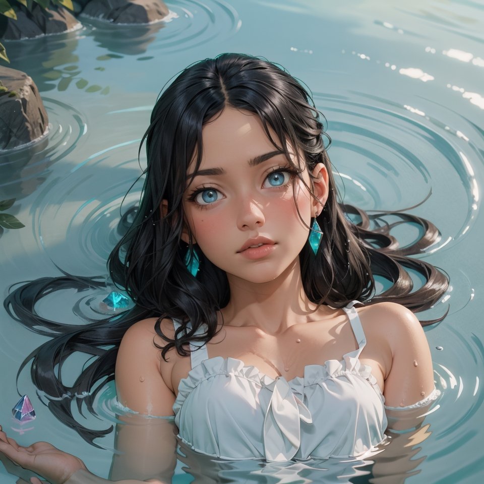 The girl's face looks out of the water,  lying in the water,  turquoise eyes on Tensor.Art