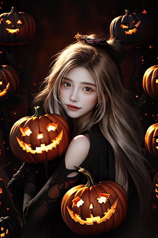  Best quality, 8k, cg,halloween,1girl,HalloweenPumpkinDecor