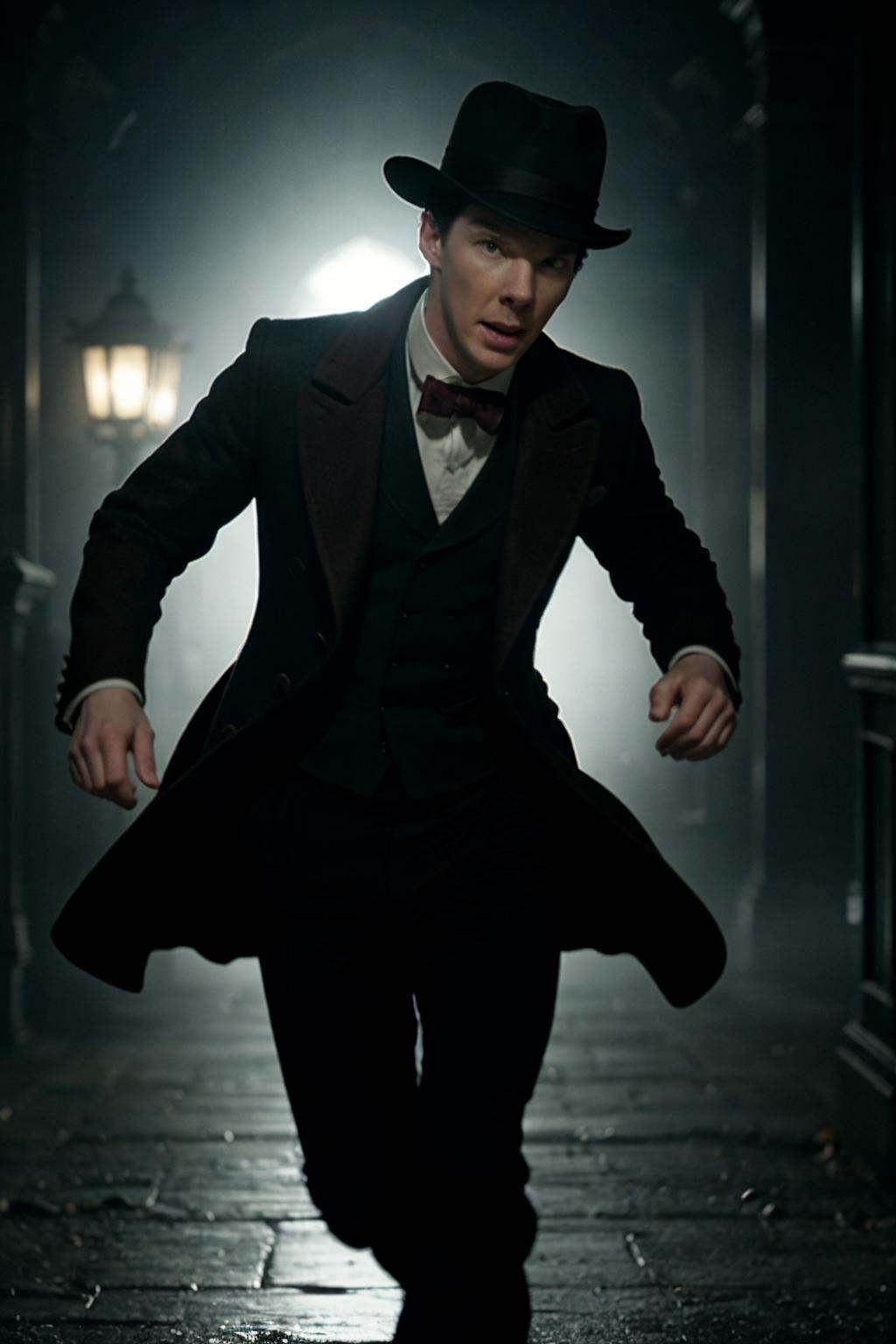as Sherlock Holmes,  hat,  running away from a ghost. blurry on Tensor.Art