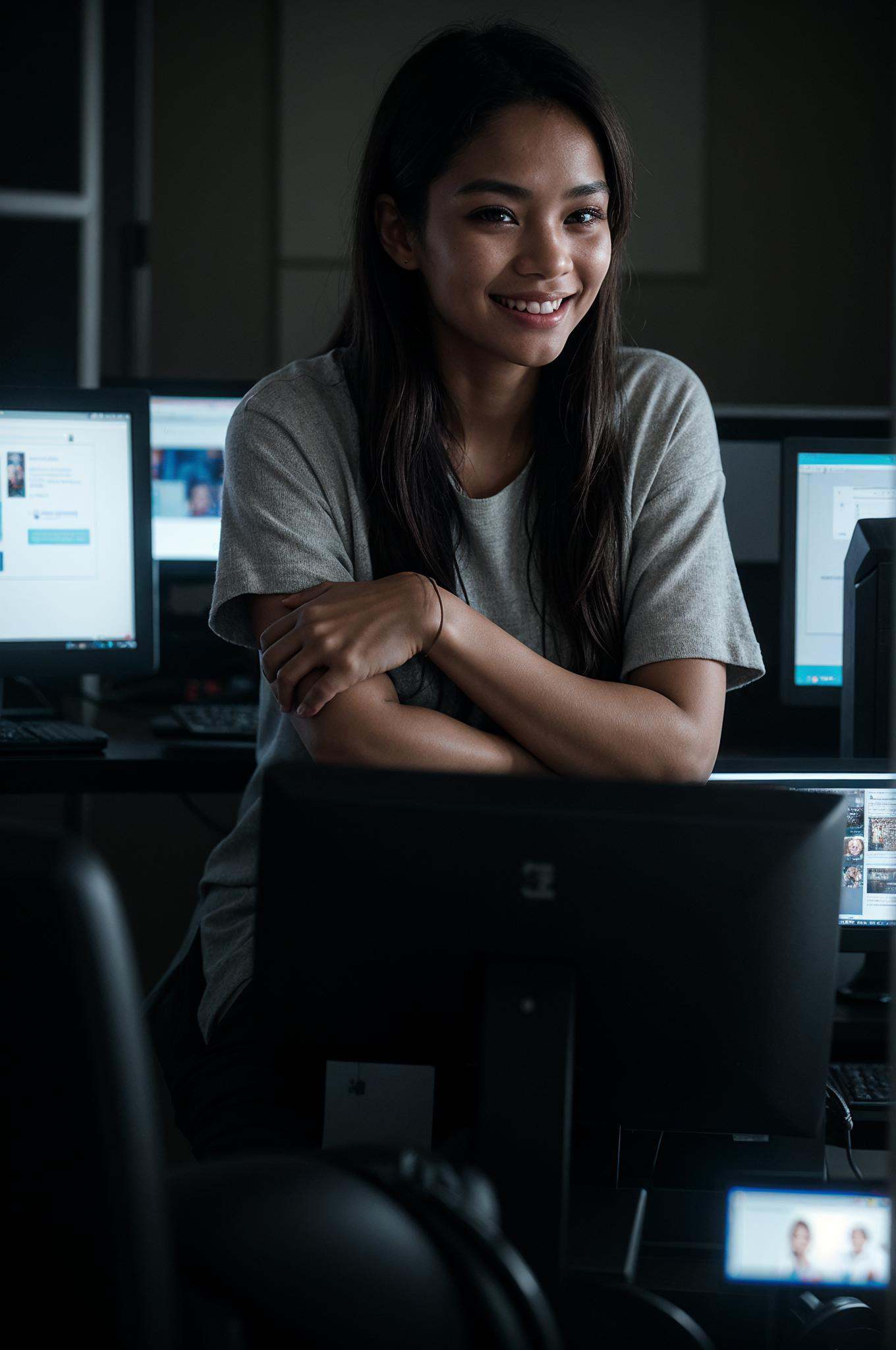 A female social worker having fun in a dark room surrounded by computer screens,  poor quality photo,  blurry on Tensor.Art