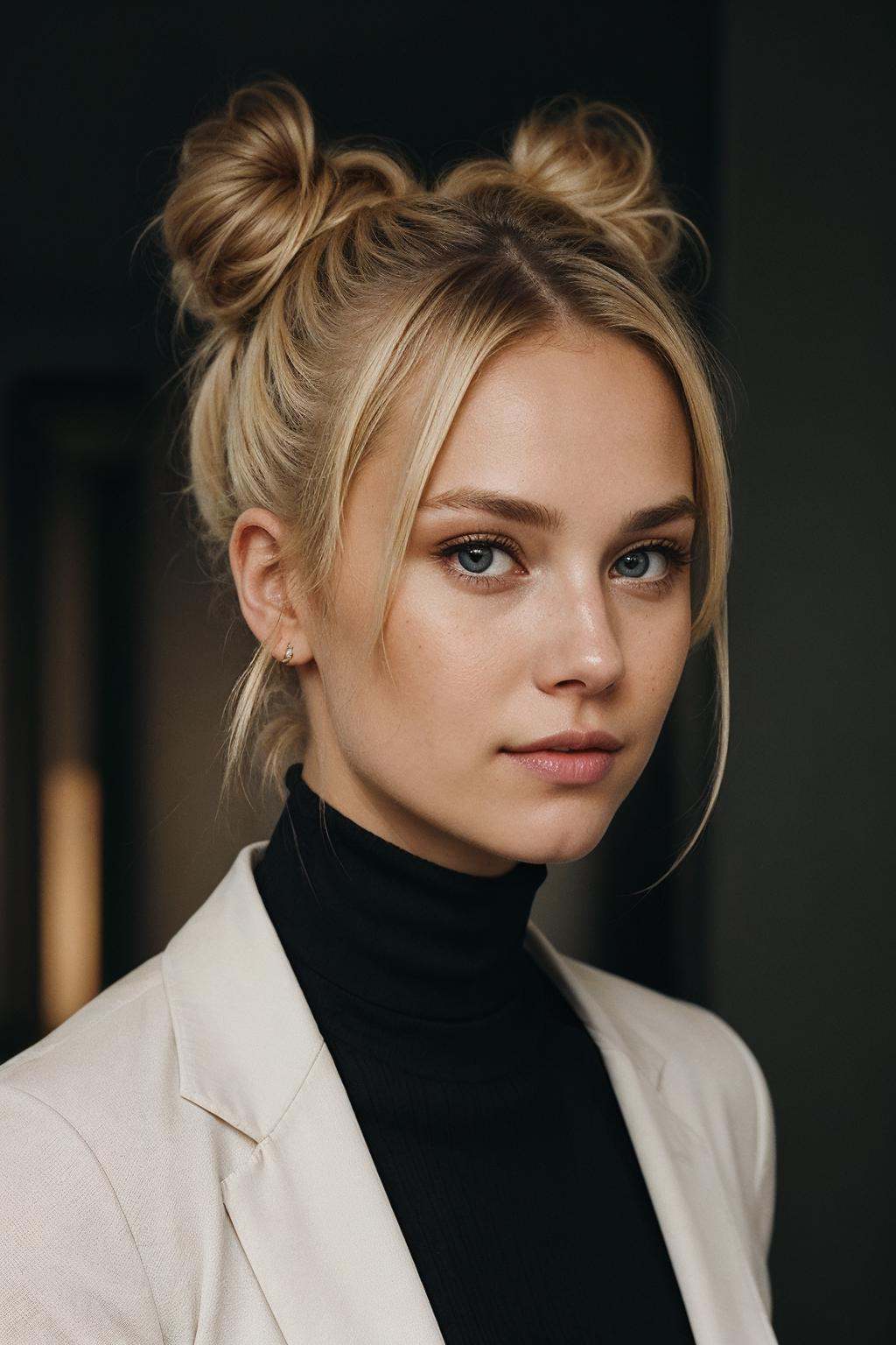 an eye contact of a blond with bun hair and dark theme on Tensor.Art