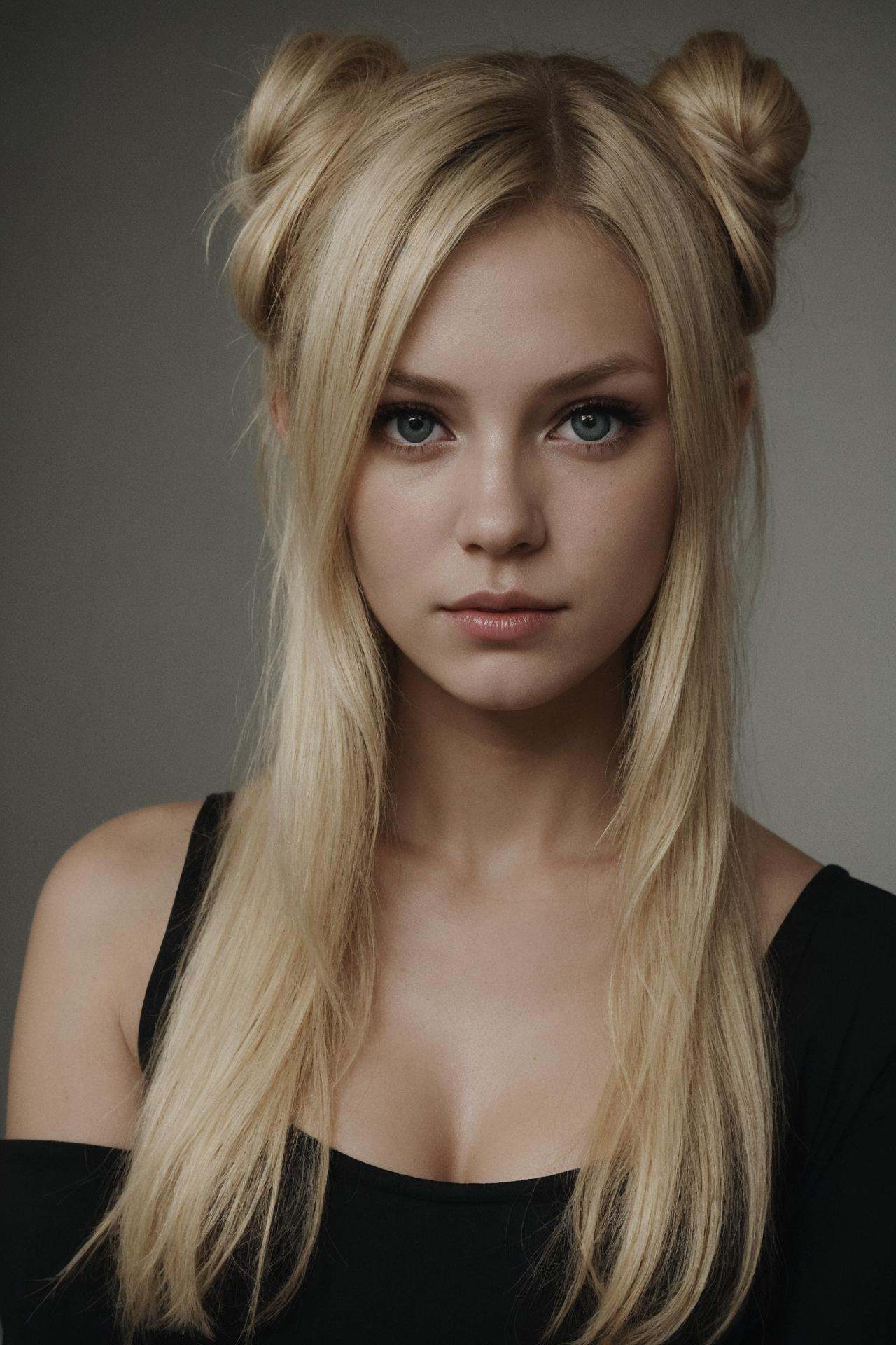 an eye contact of a blond with bun hair and dark theme on Tensor.Art