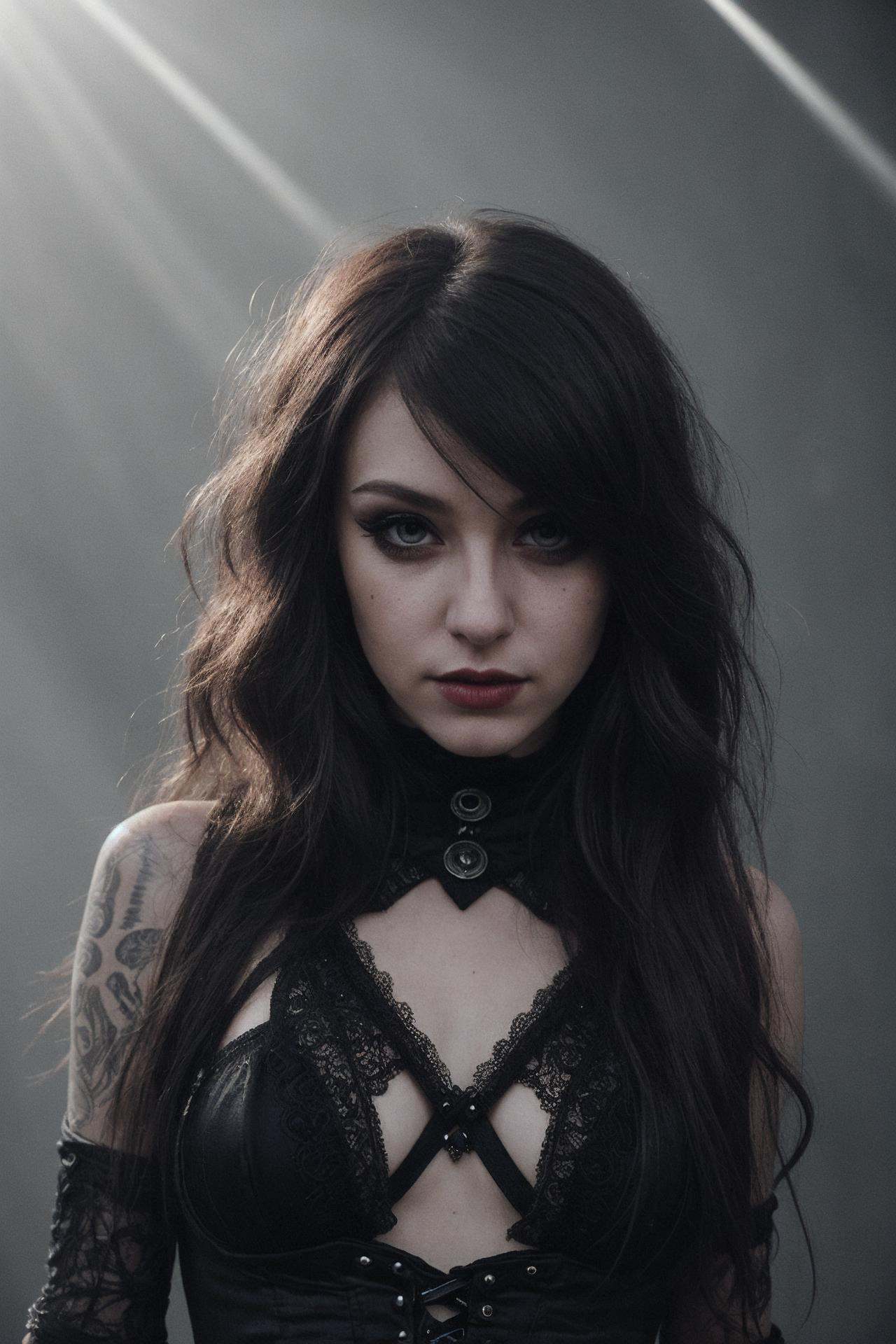 an eye contact of a rocker girl with fancy hair and dark dress,  flash photo,  sunlight on Tensor.Art