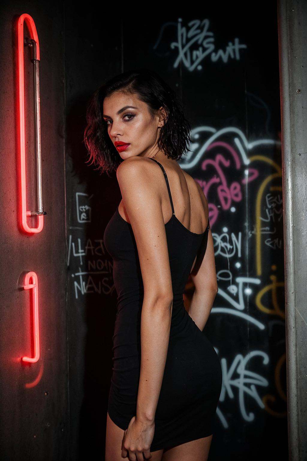 A photo of a woman in a public bathroom captures the allure of a tall,  skinny figure with short hair,  wearing a sexy bla...