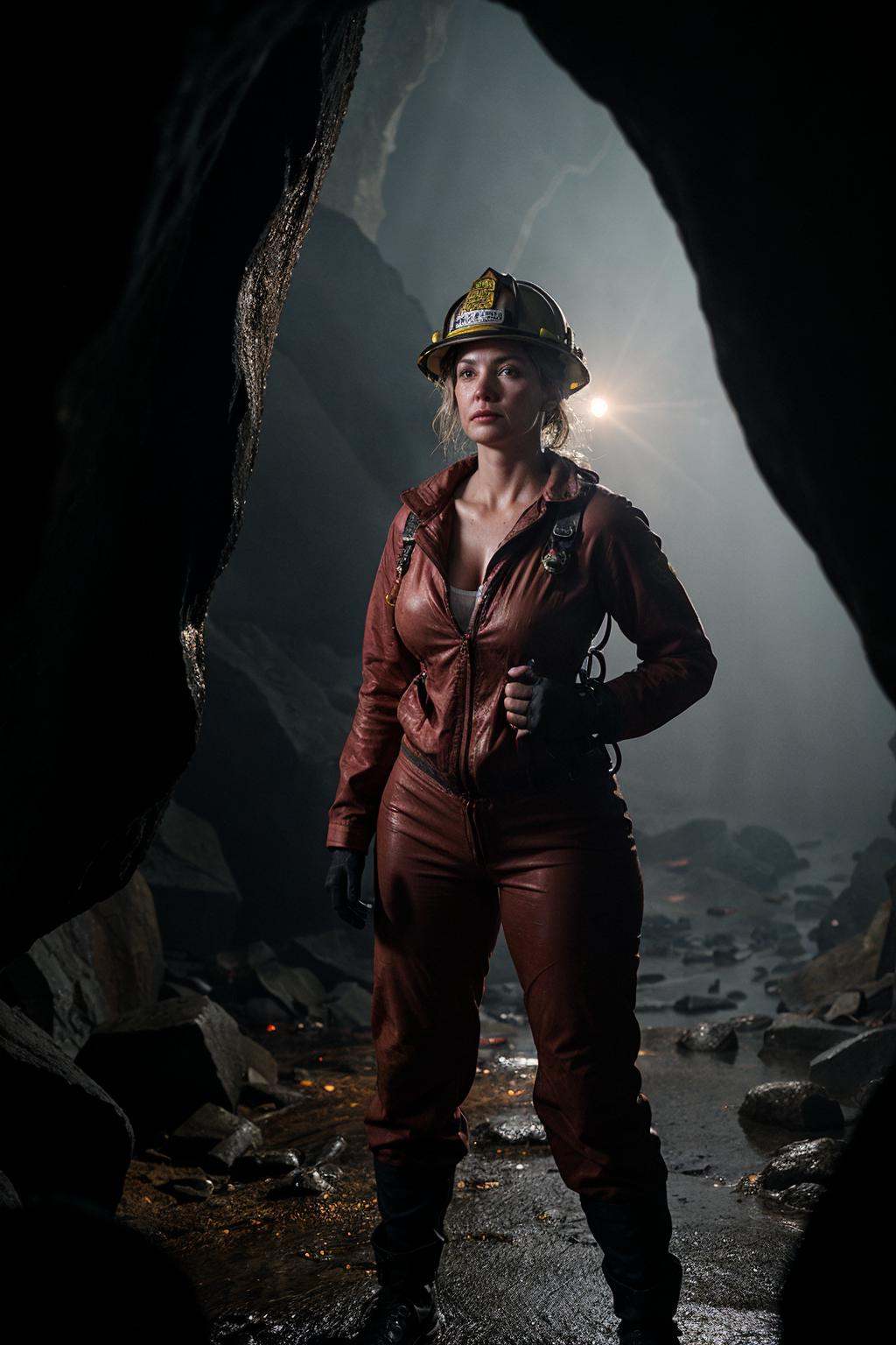 Photo of a fearless female firefighter in her full firefighting gear,  standing confidently in a dark and treacherous cave...