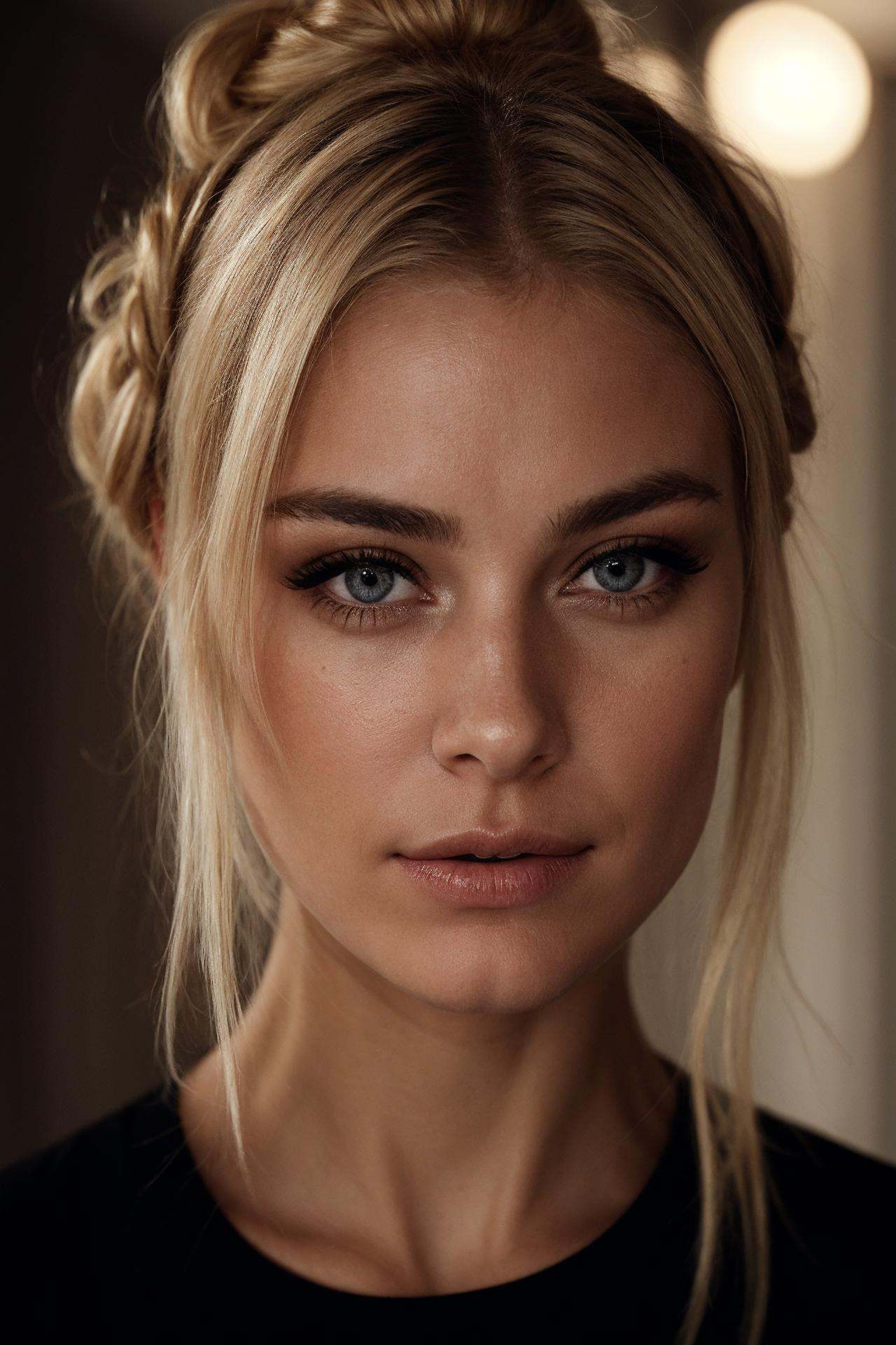 an eye contact of a blond with bun hair and dark theme on Tensor.Art