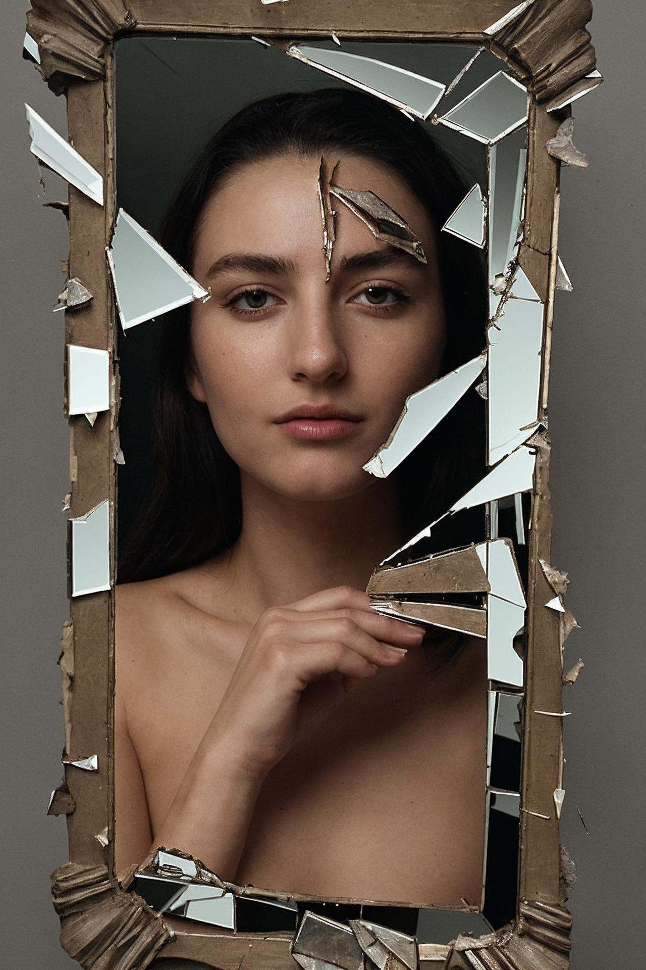 broken mirror shards reflecting a beautiful woman on Tensor.Art
