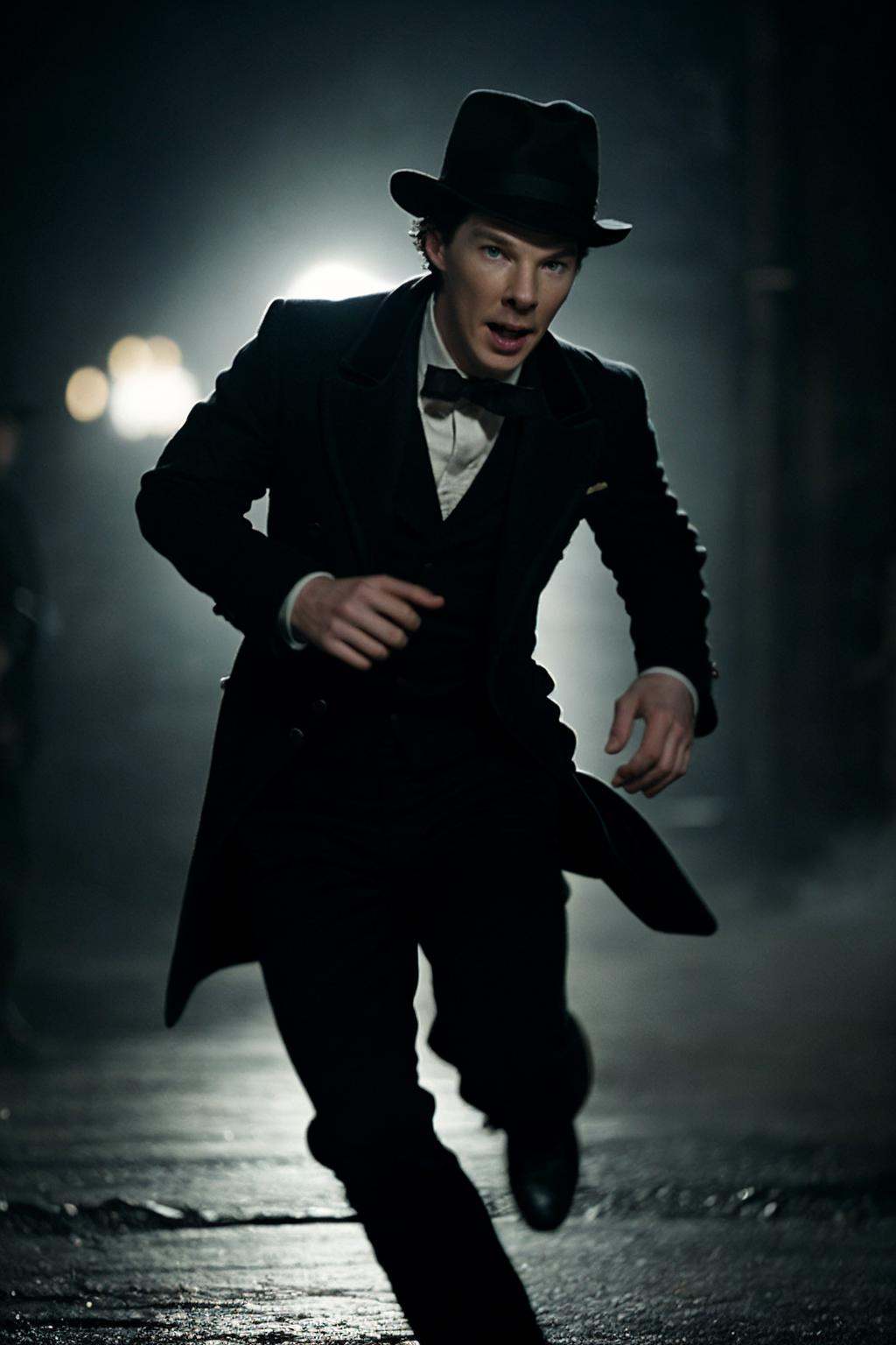 as Sherlock Holmes,  hat,  running away from a ghost. blurry on Tensor.Art