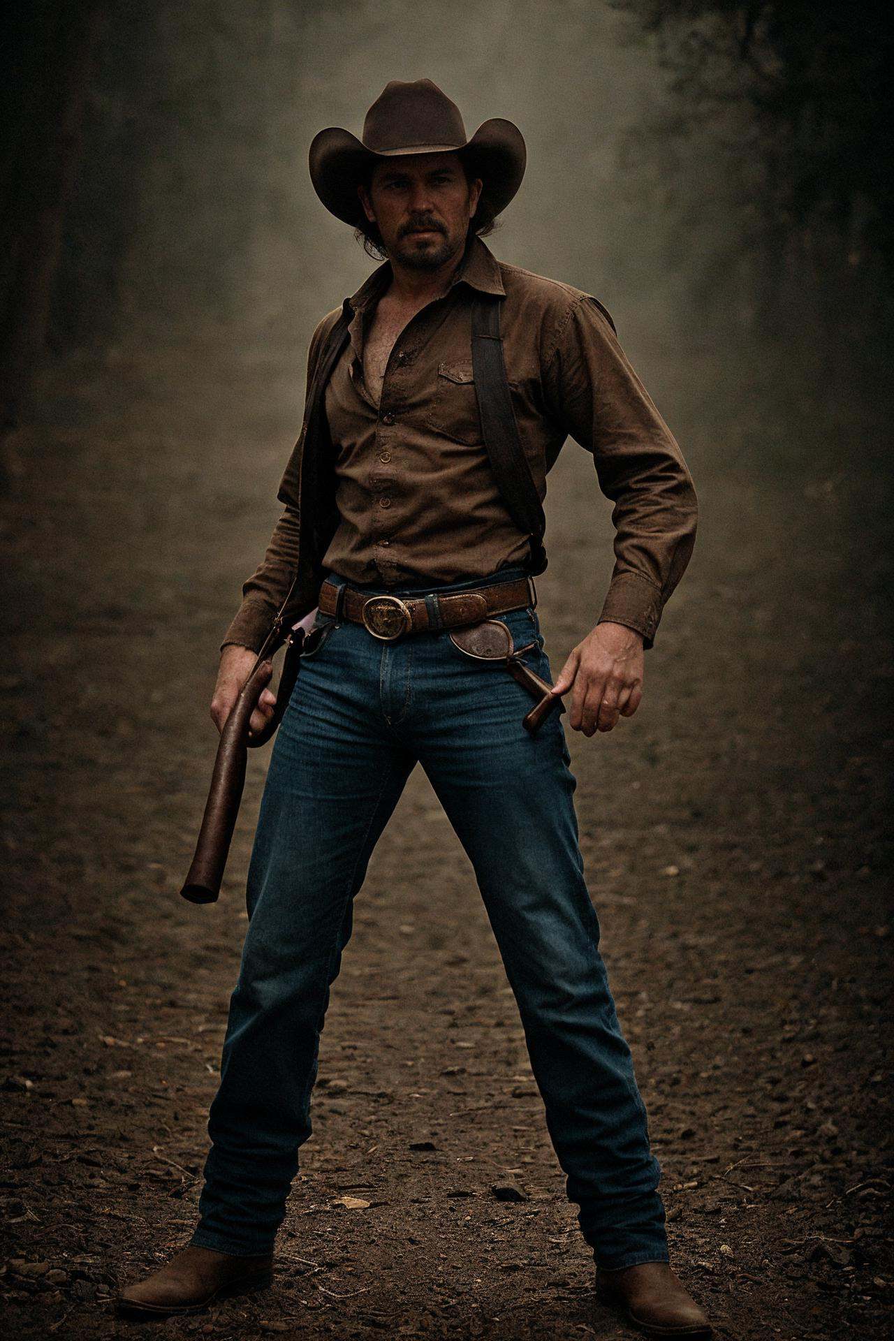 cinematic full body portrait of a cowboy,  action pose on Tensor.Art