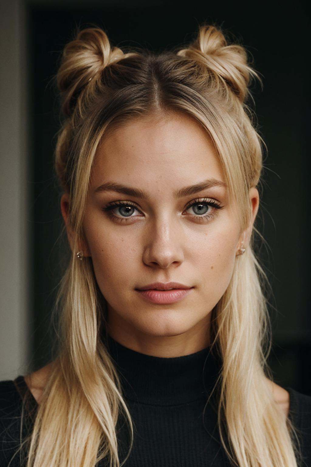 an eye contact of a blond with bun hair and dark theme on Tensor.Art