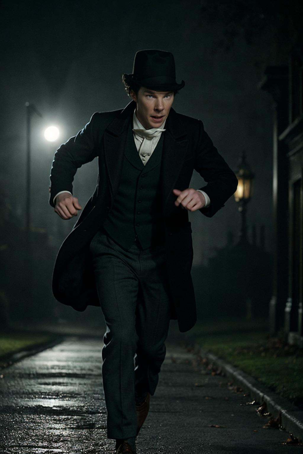 as Sherlock Holmes,  hat,  running away from a ghost. blurry on Tensor.Art