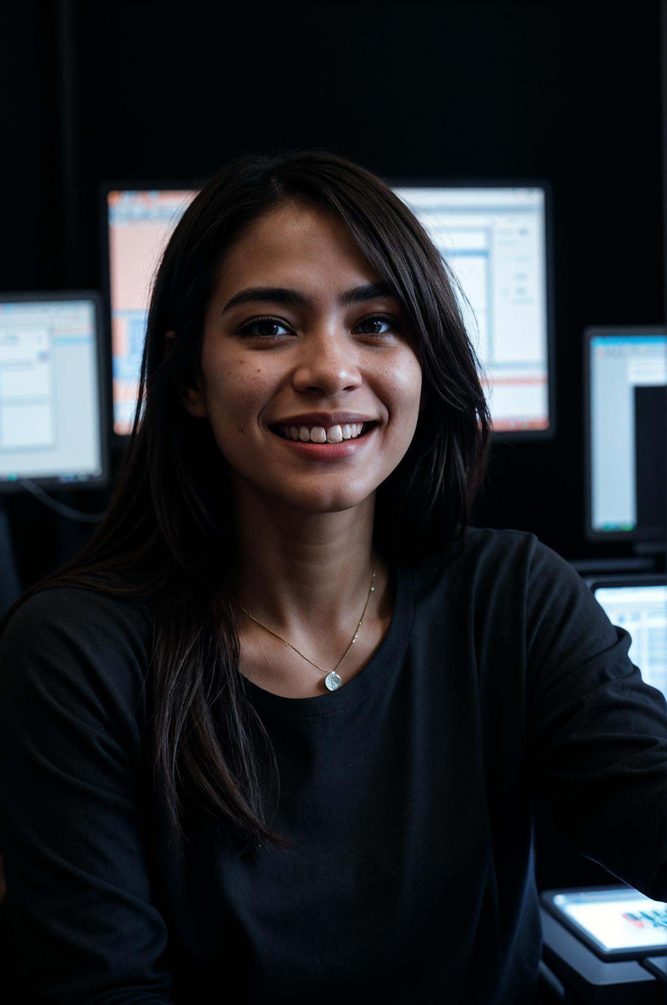 A female social worker having fun in a dark room surrounded by computer screens,  poor quality photo,  blurry on Tensor.Art