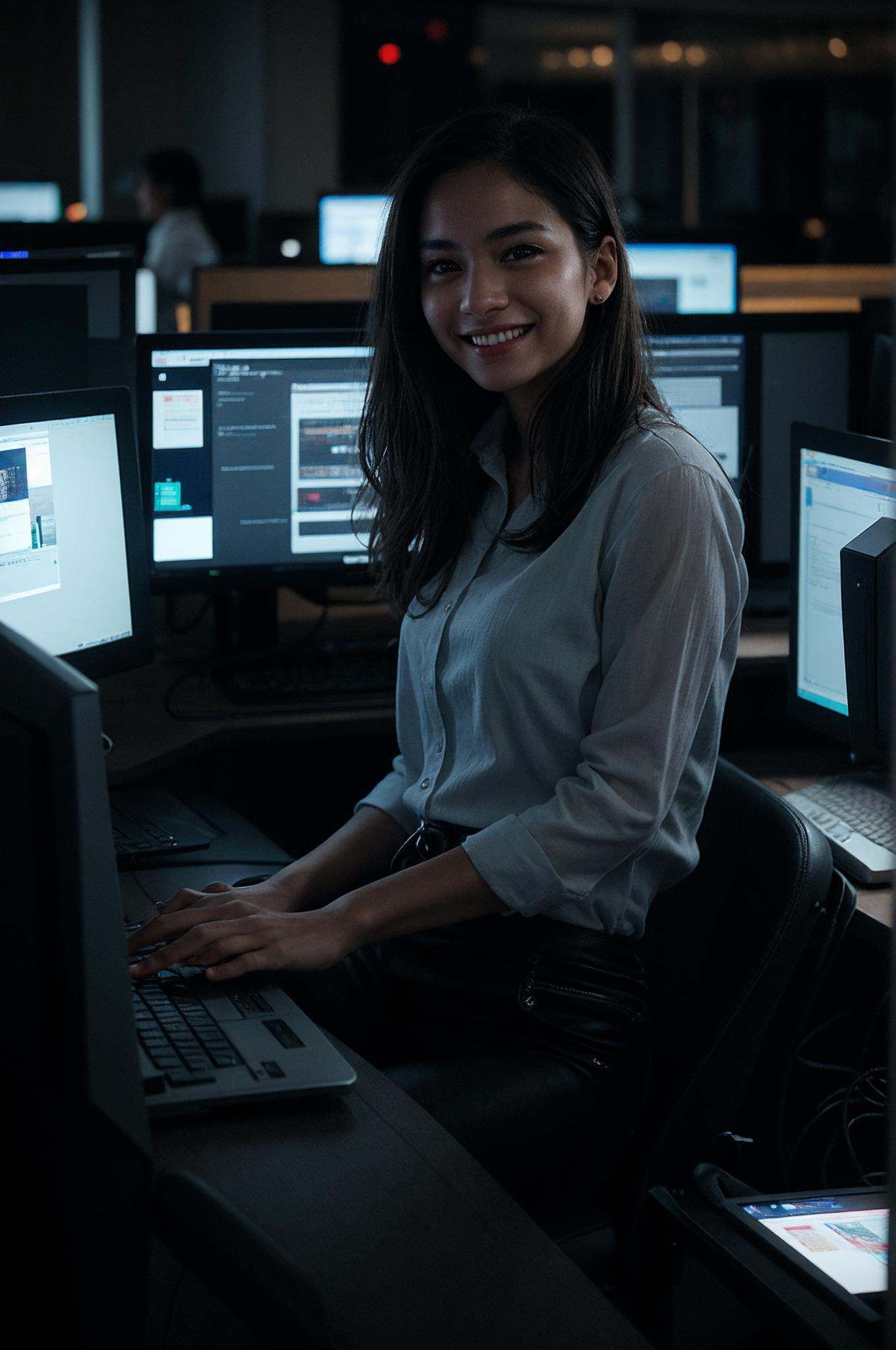 A female social worker having fun in a dark room surrounded by computer screens,  poor quality photo,  blurry on Tensor.Art