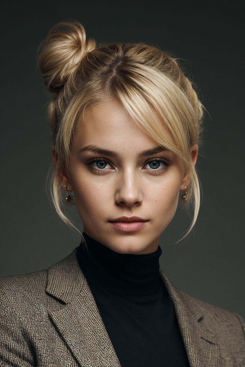 an eye contact of a blond with bun hair and dark theme on Tensor.Art