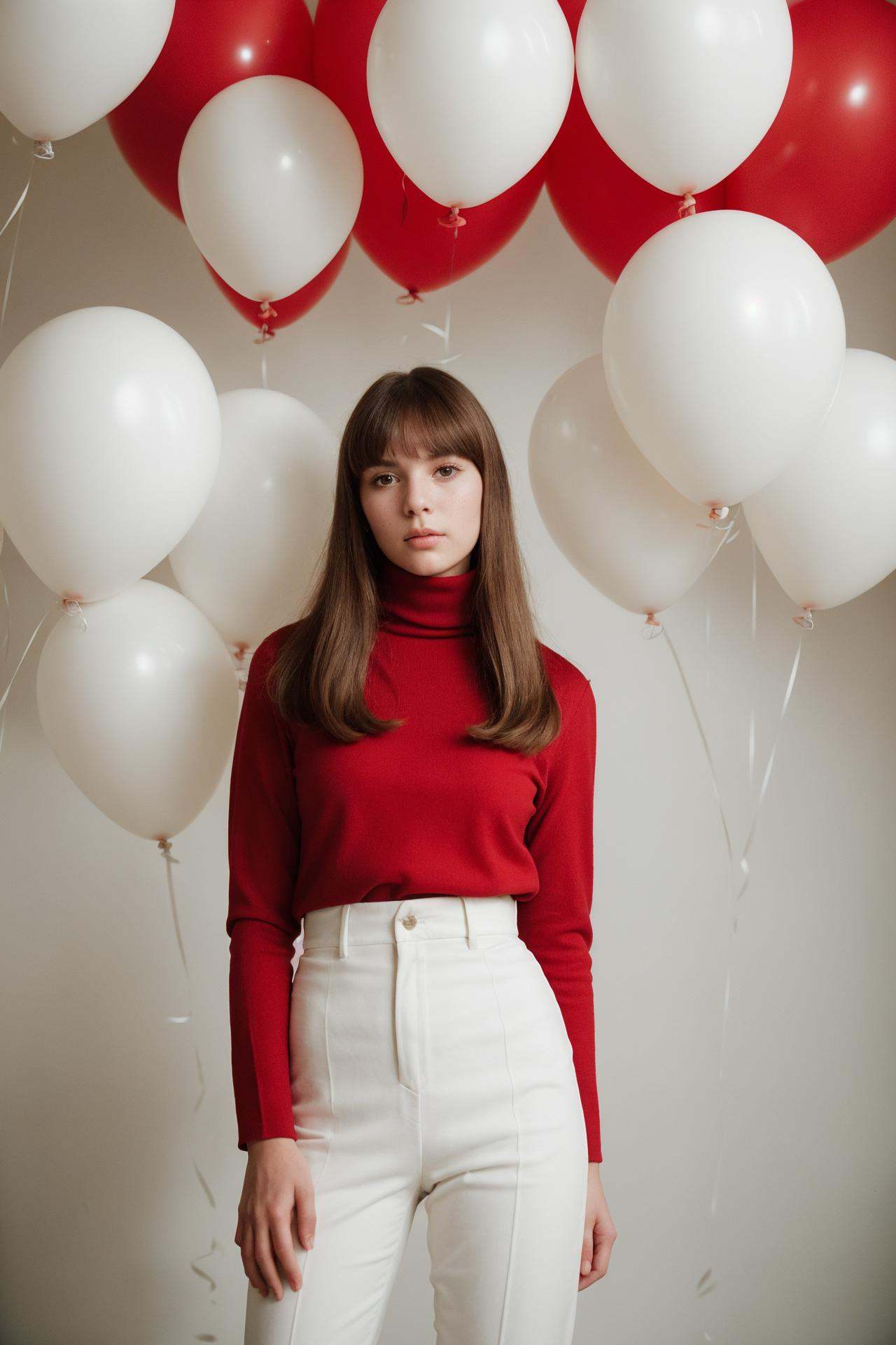 fashion portrait photo of beautiful young woman from the 60s wearing a red turtleneck standing in the middle of a ton of w...